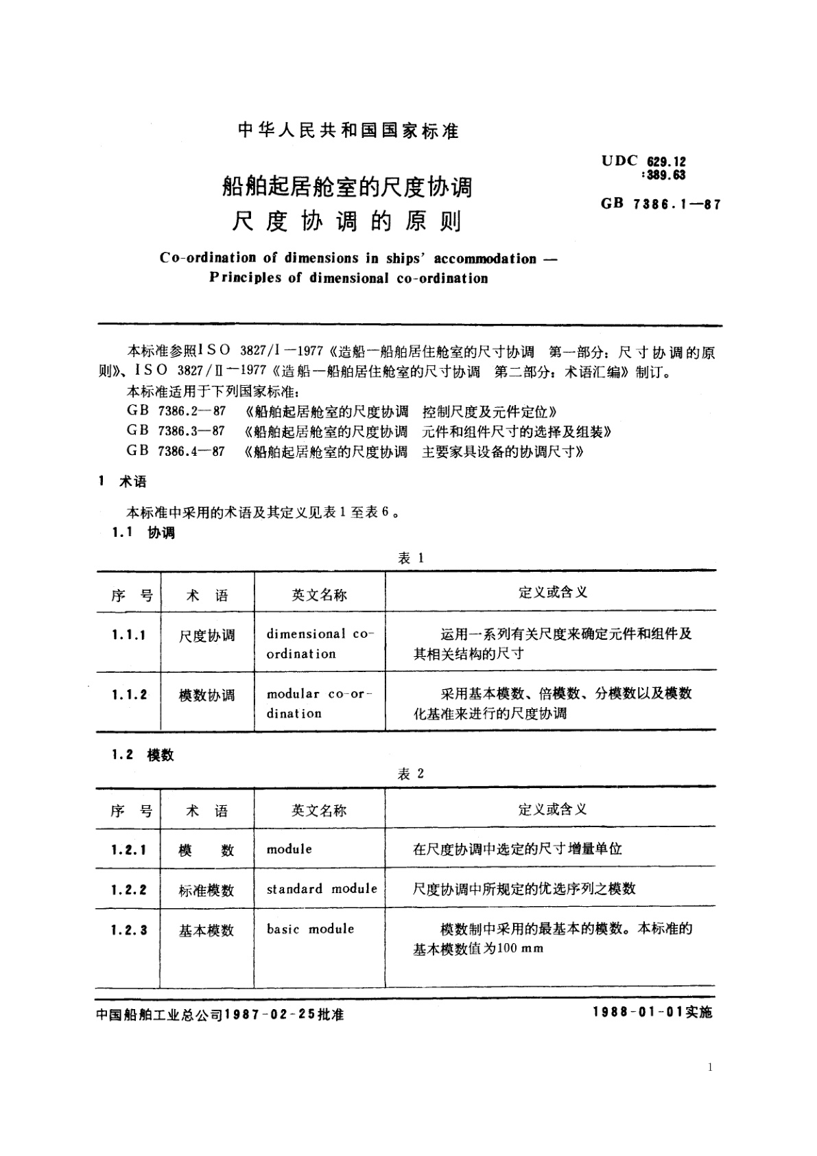 GB/T 7386.1-1987 船舶起居舱室的尺度协调　尺度协调的原则