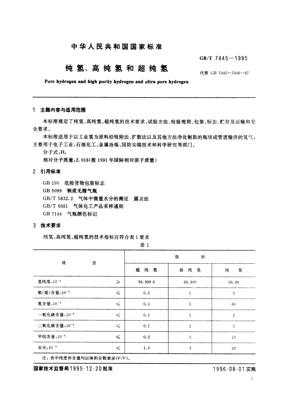 GB/T 7445-1995 纯氢、高纯氢和超纯氢