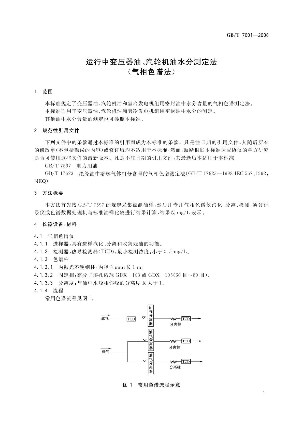 GB/T 7601-2008 运行中变压器油、汽轮机油水分测定法(气相色谱法)