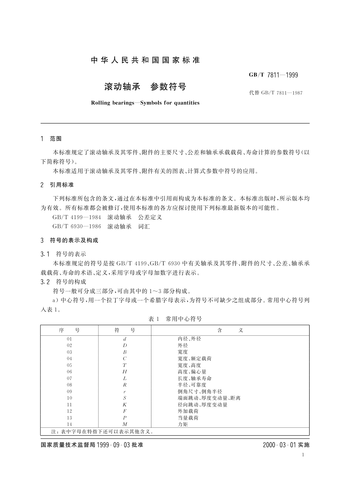 GB/T 7811-1999 滚动轴承　参数符号