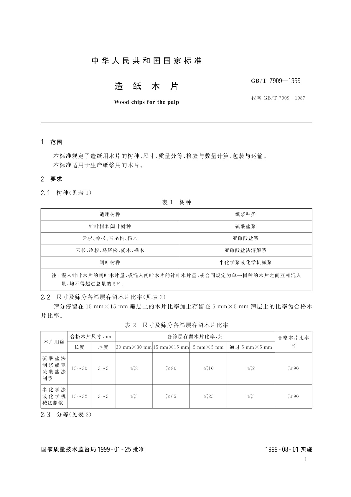 GB/T 7909-1999 造纸木片