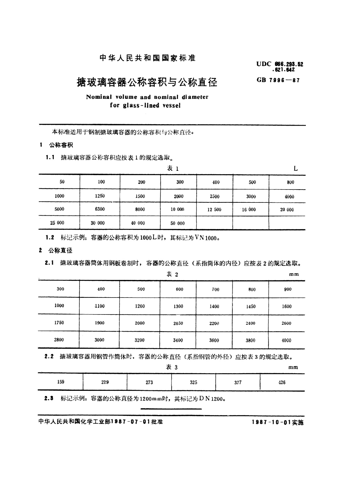 GB/T 7996-1987 搪玻璃容器公称容积与公称直径