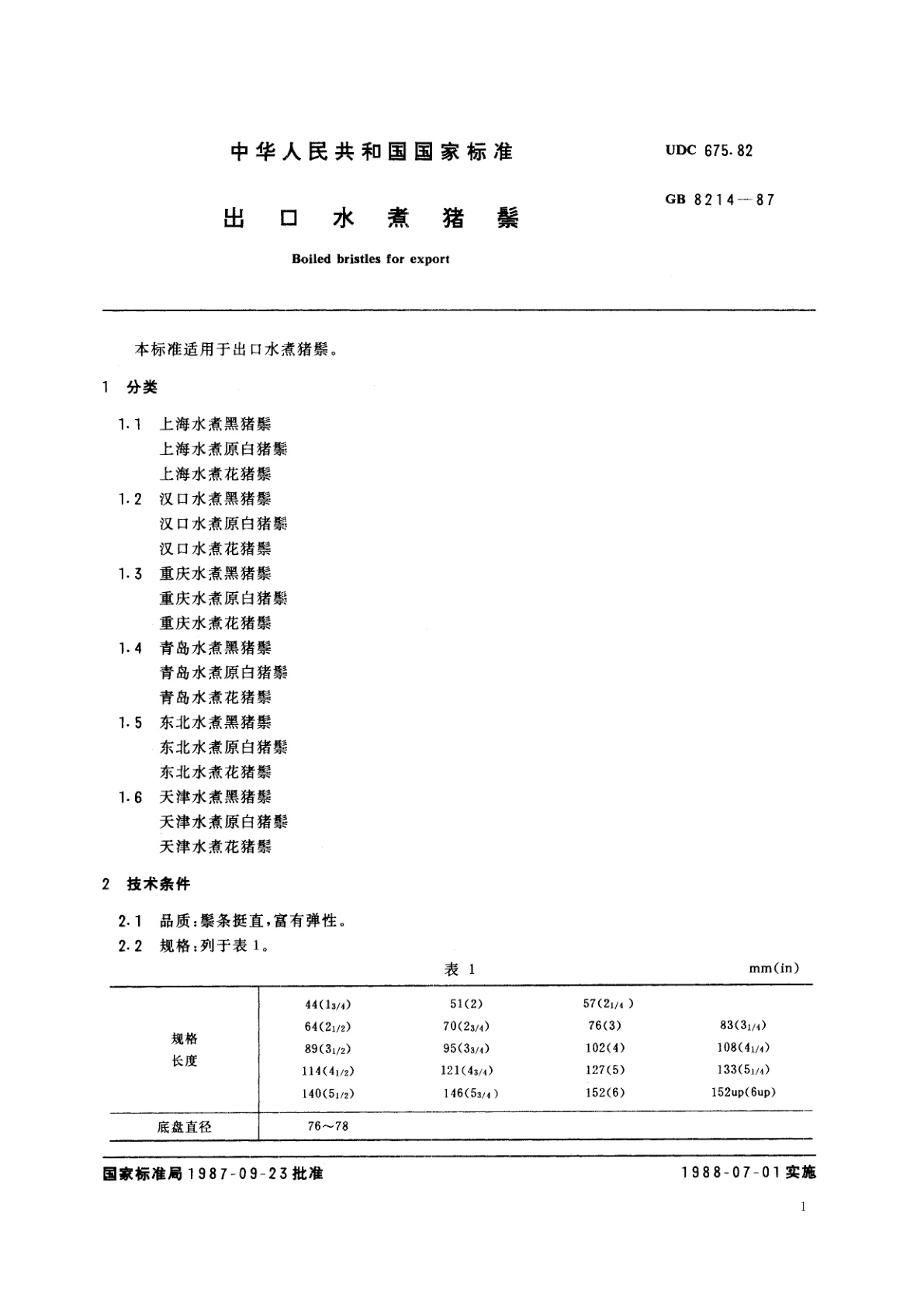 GB/T 8214-1987 出口水煮猪鬃