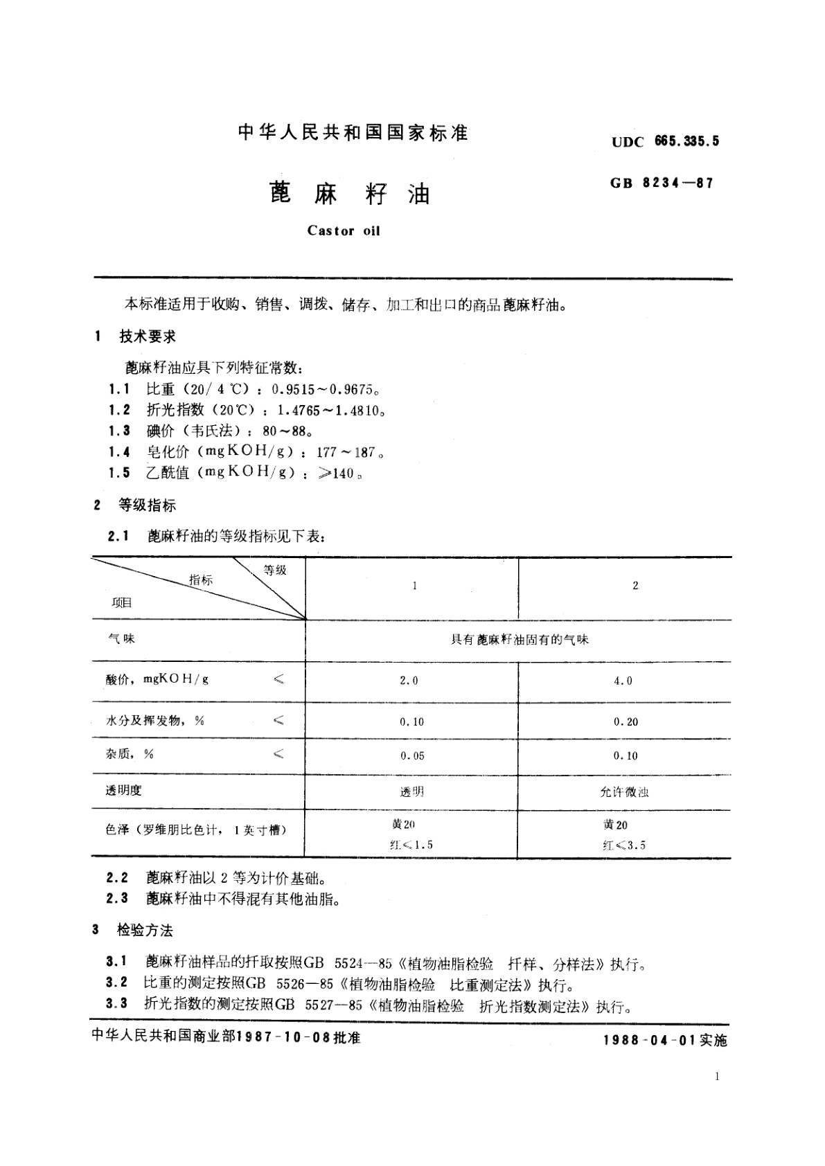 GB/T 8234-1987 蓖麻籽油