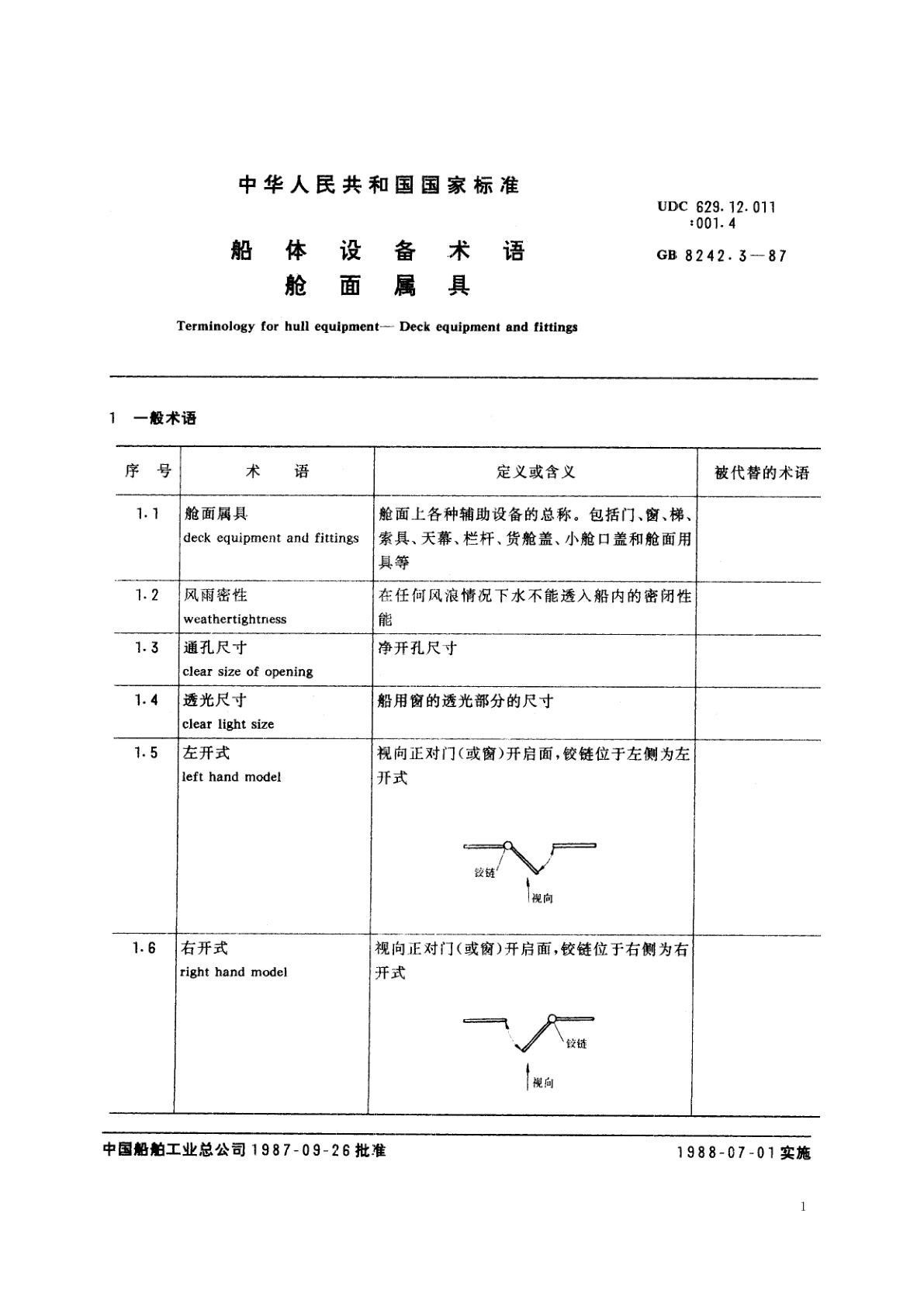 GB/T 8242.3-1987 船体设备术语　船面属具