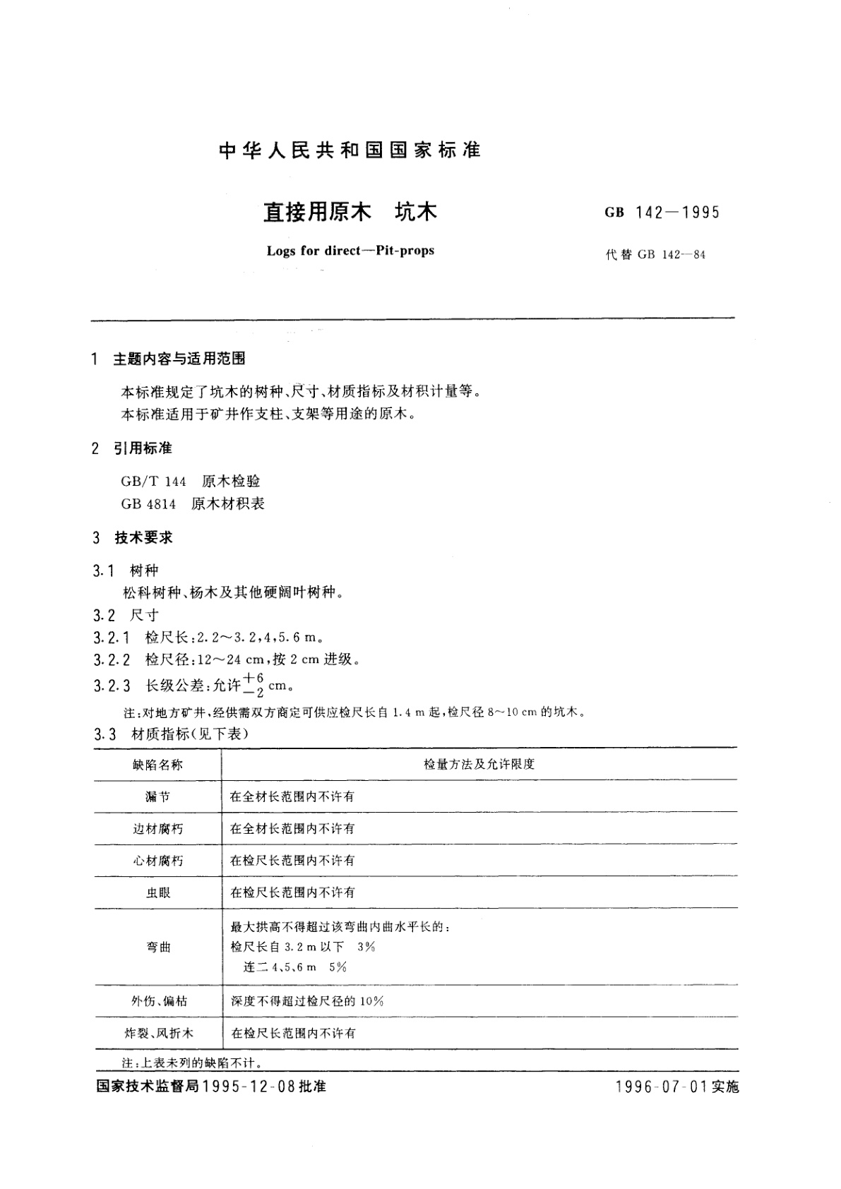 GB 142-1995 直接用原木　坑木