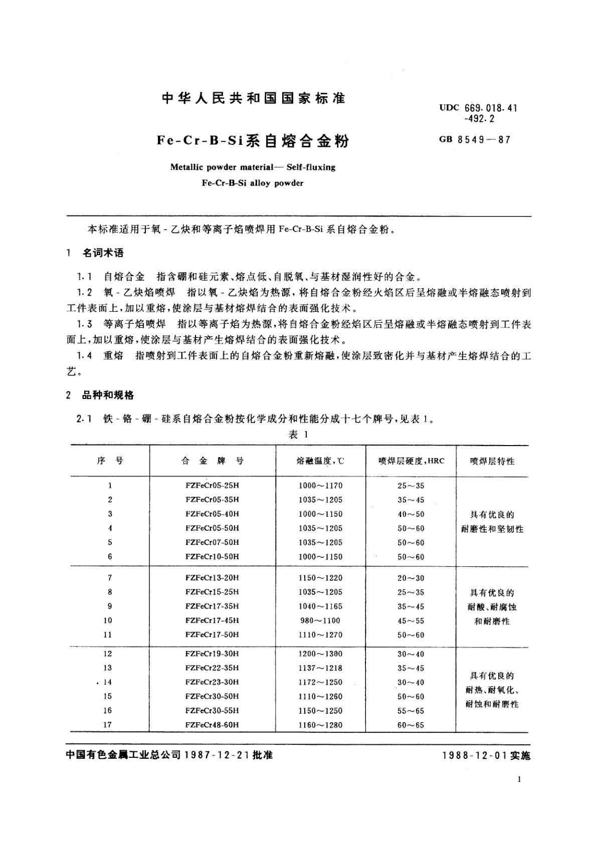 GB/T 8549-1987 Fe-Cr-B-Si系自熔合金粉