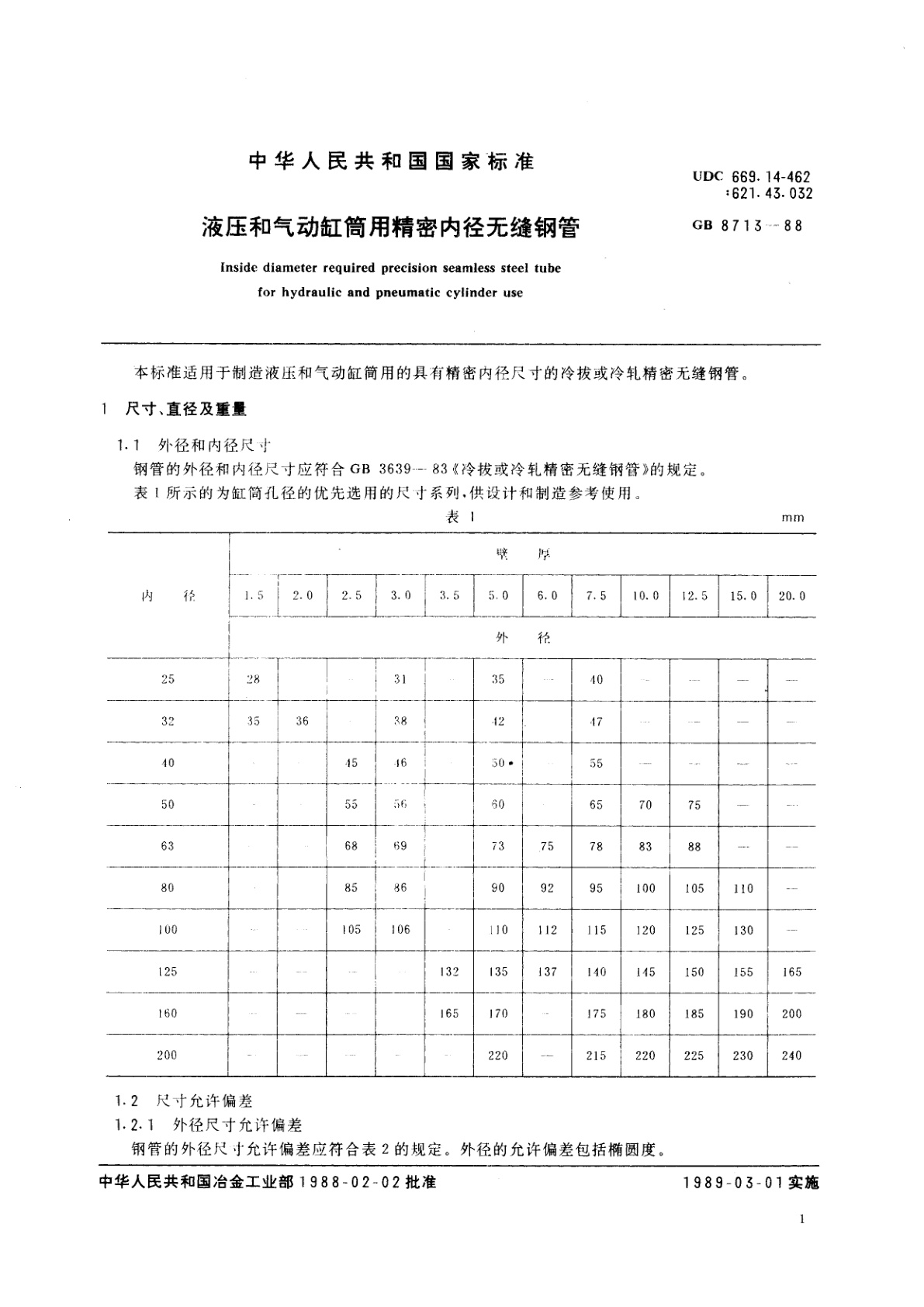 GB/T 8713-1988 液压和气动缸筒用精密内径无缝钢管