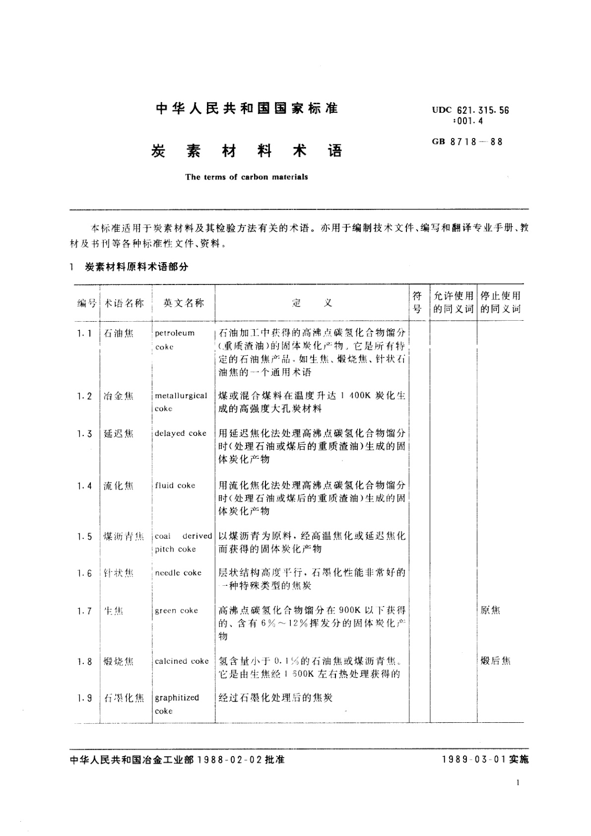 GB/T 8718-1988 炭素材料术语
