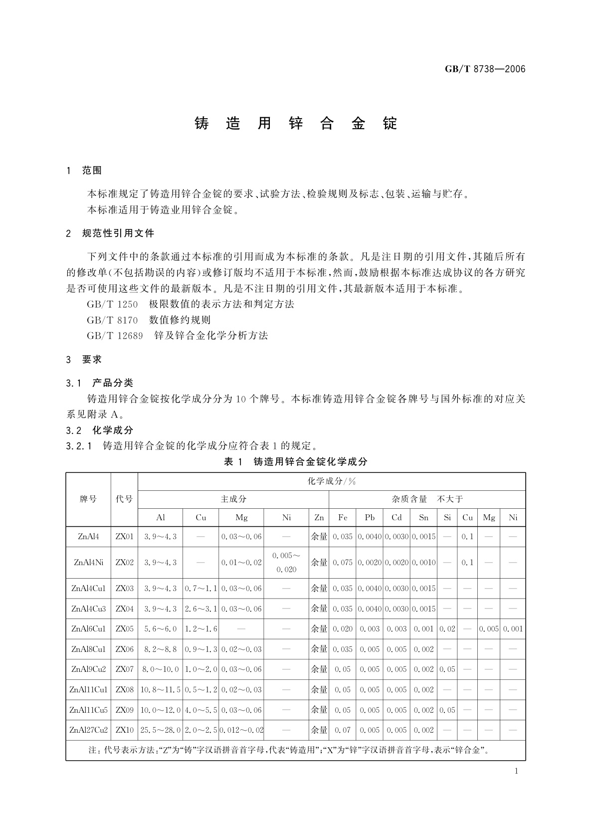 GB/T 8738-2006 铸造用锌合金锭