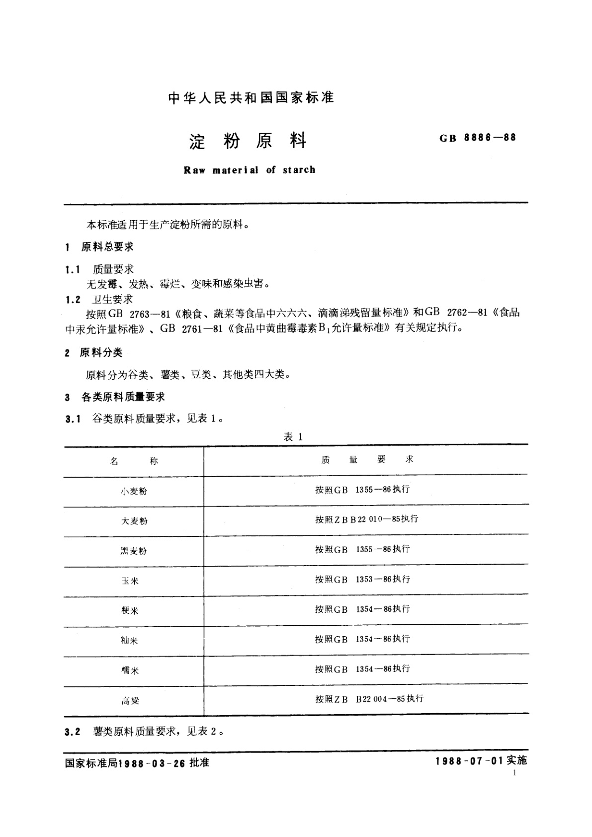 GB/T 8886-1988 淀粉原料