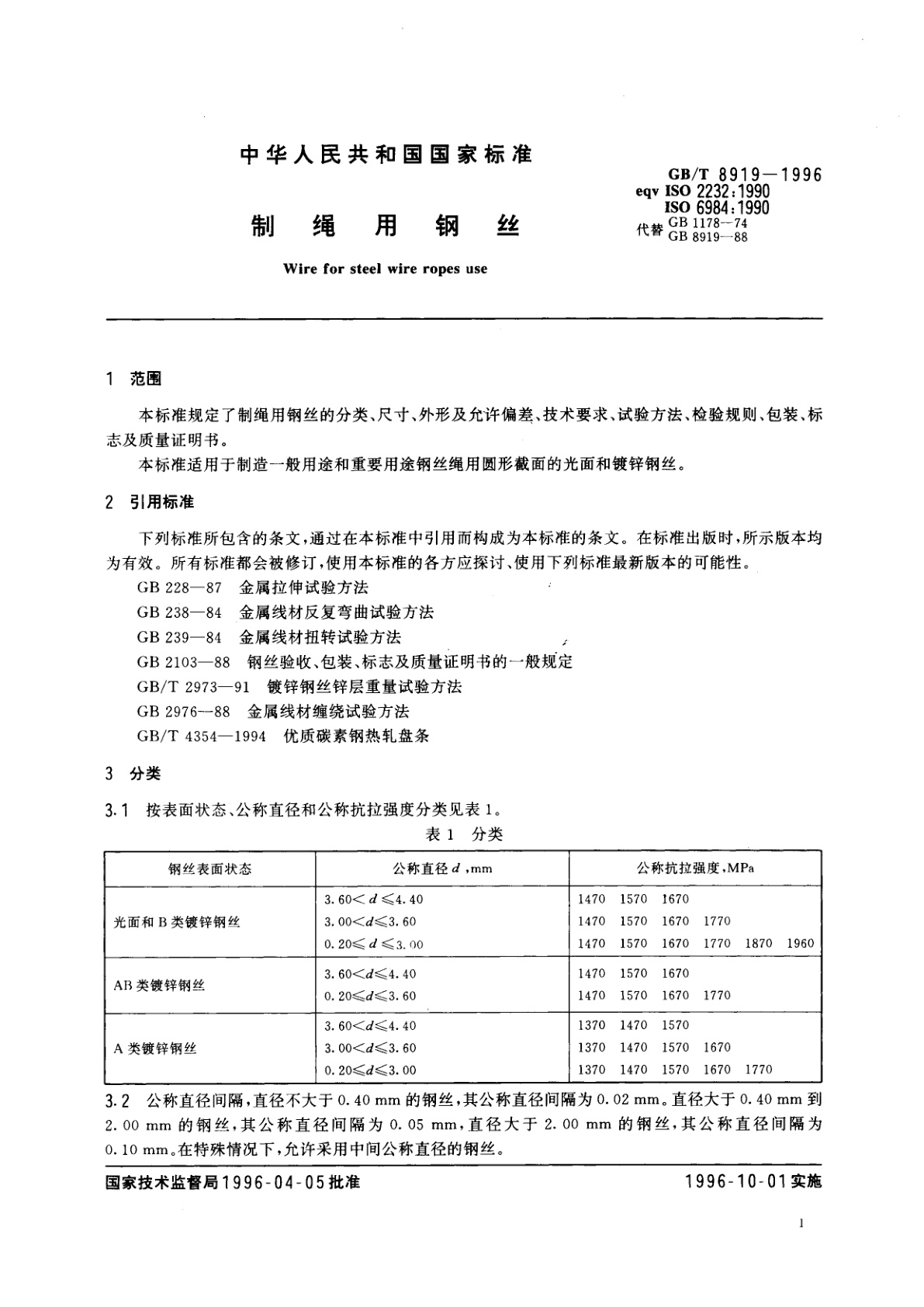 GB/T 8919-1996 制绳用钢丝