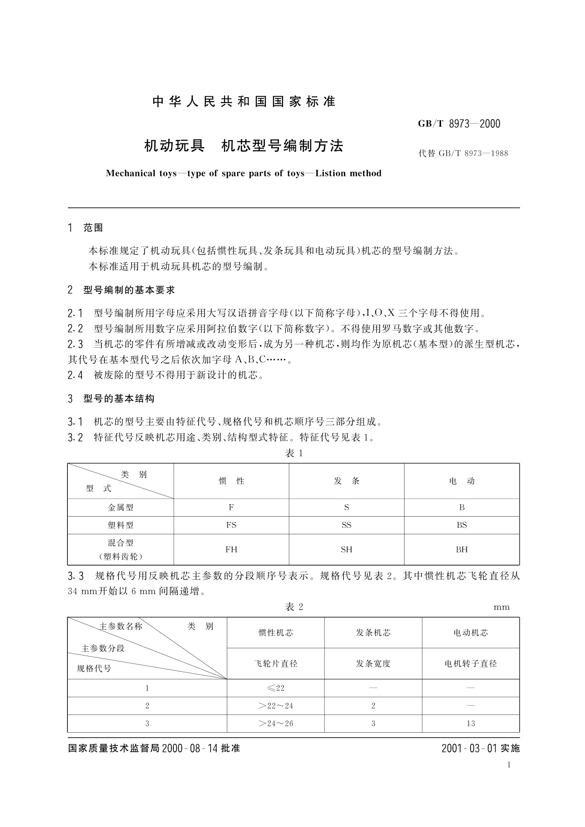 GB/T 8973-2000 机动玩具　机芯型号编制方法