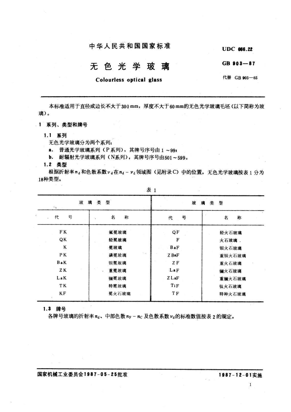GB/T 903-1987 无色光学玻璃