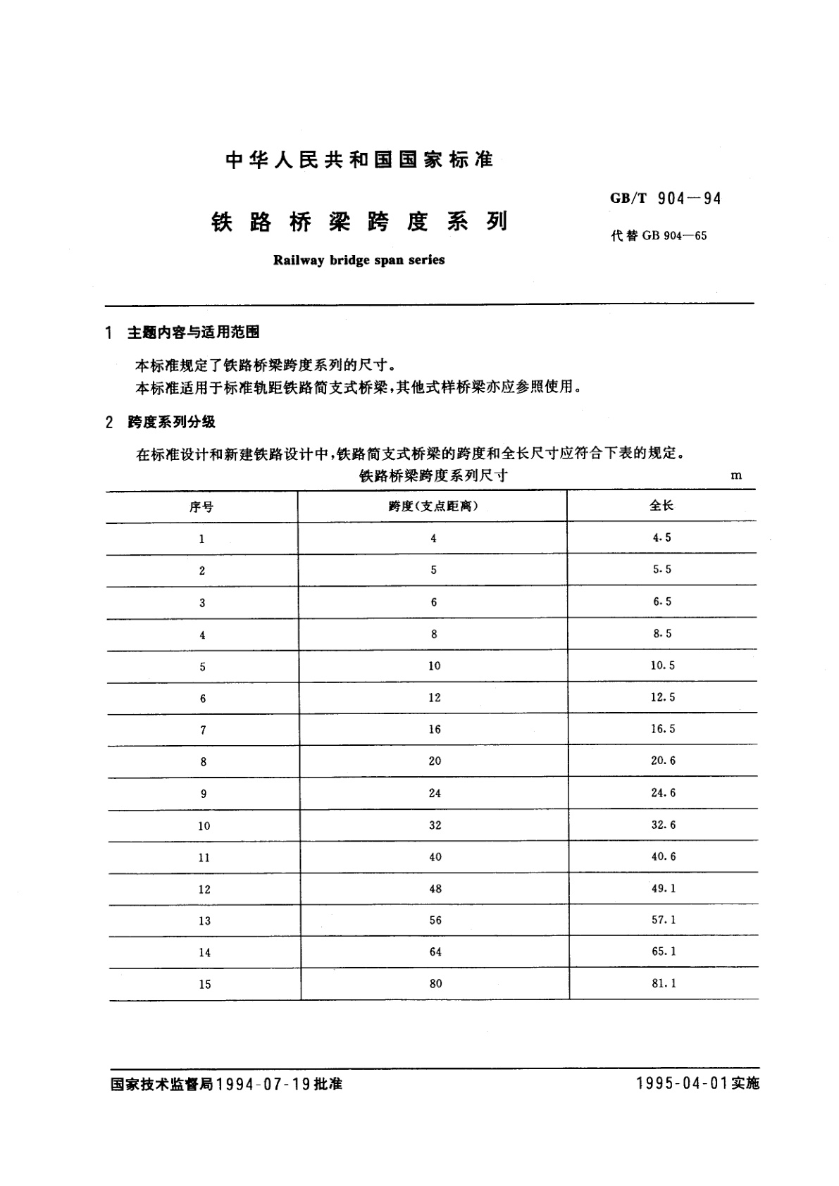 GB/T 904-1994 铁路桥梁跨度系列