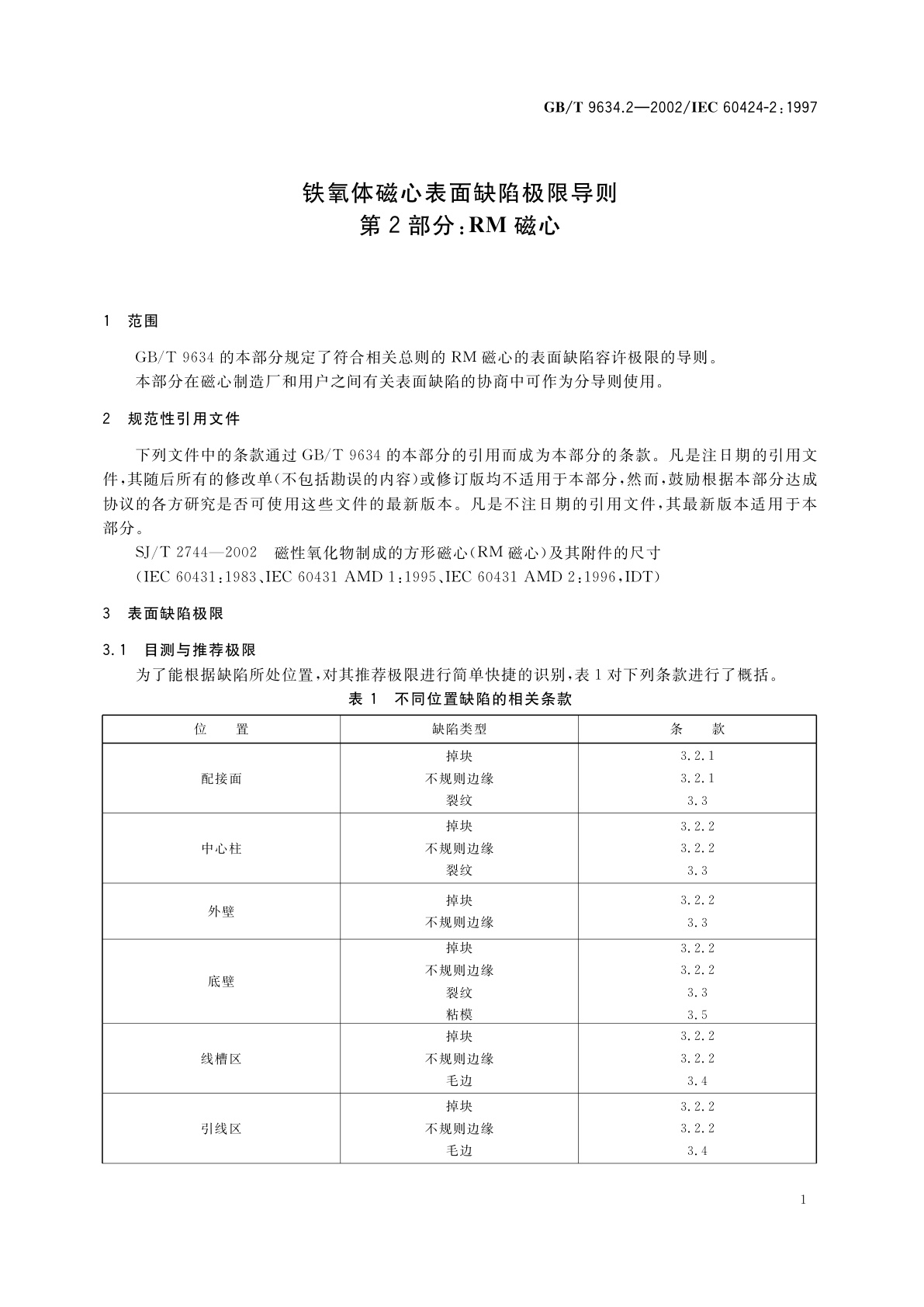 GB/T 9634.2-2002 铁氧体磁心表面缺陷极限导则　第2部分：RM磁心