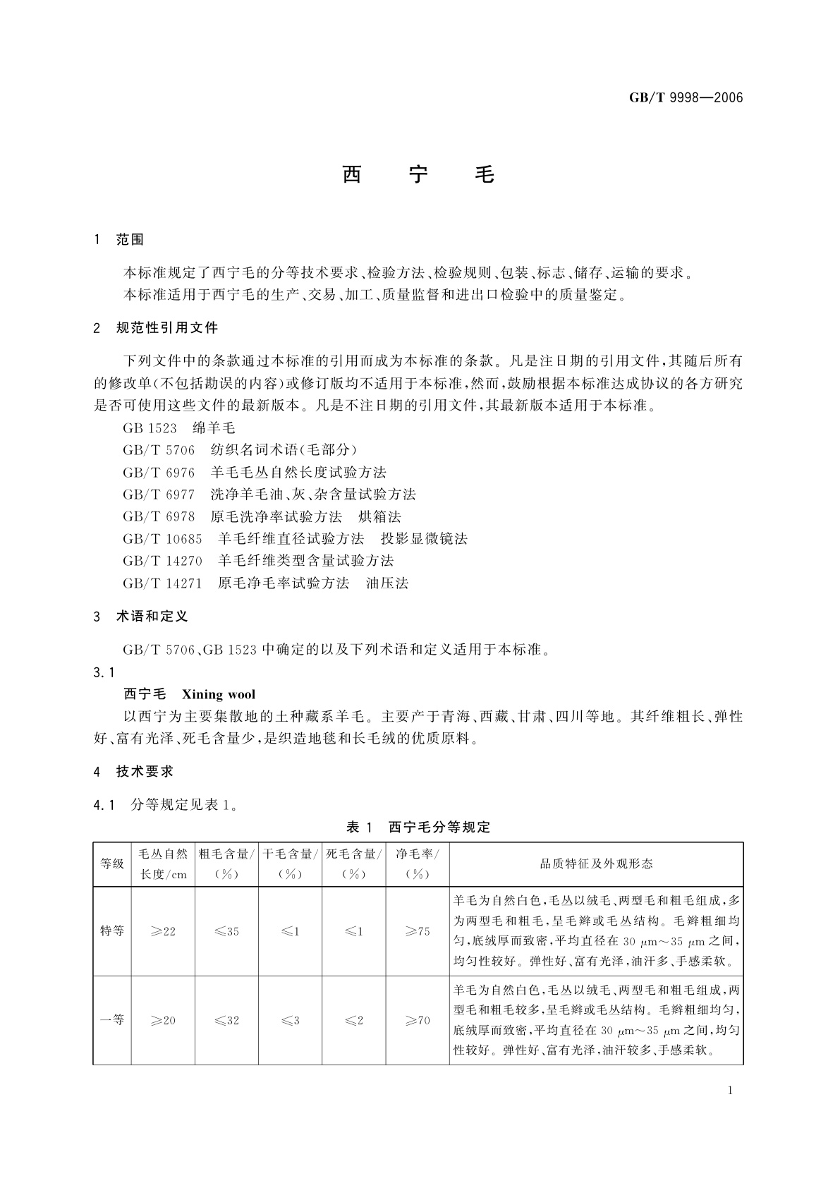 GB/T 9998-2006 西宁毛