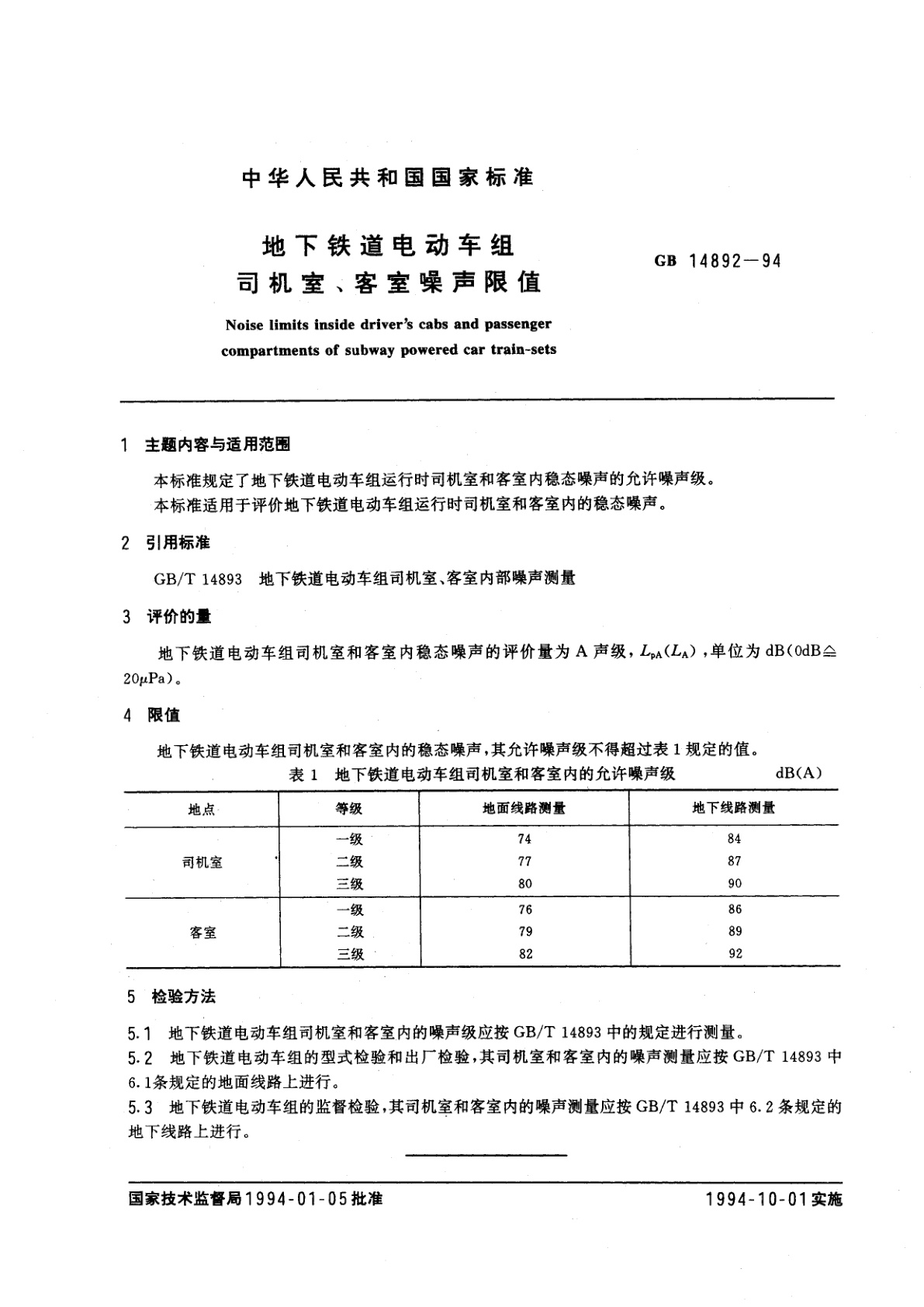 GB 14892-1994 地下铁道电动车组司机室、客室噪声限值