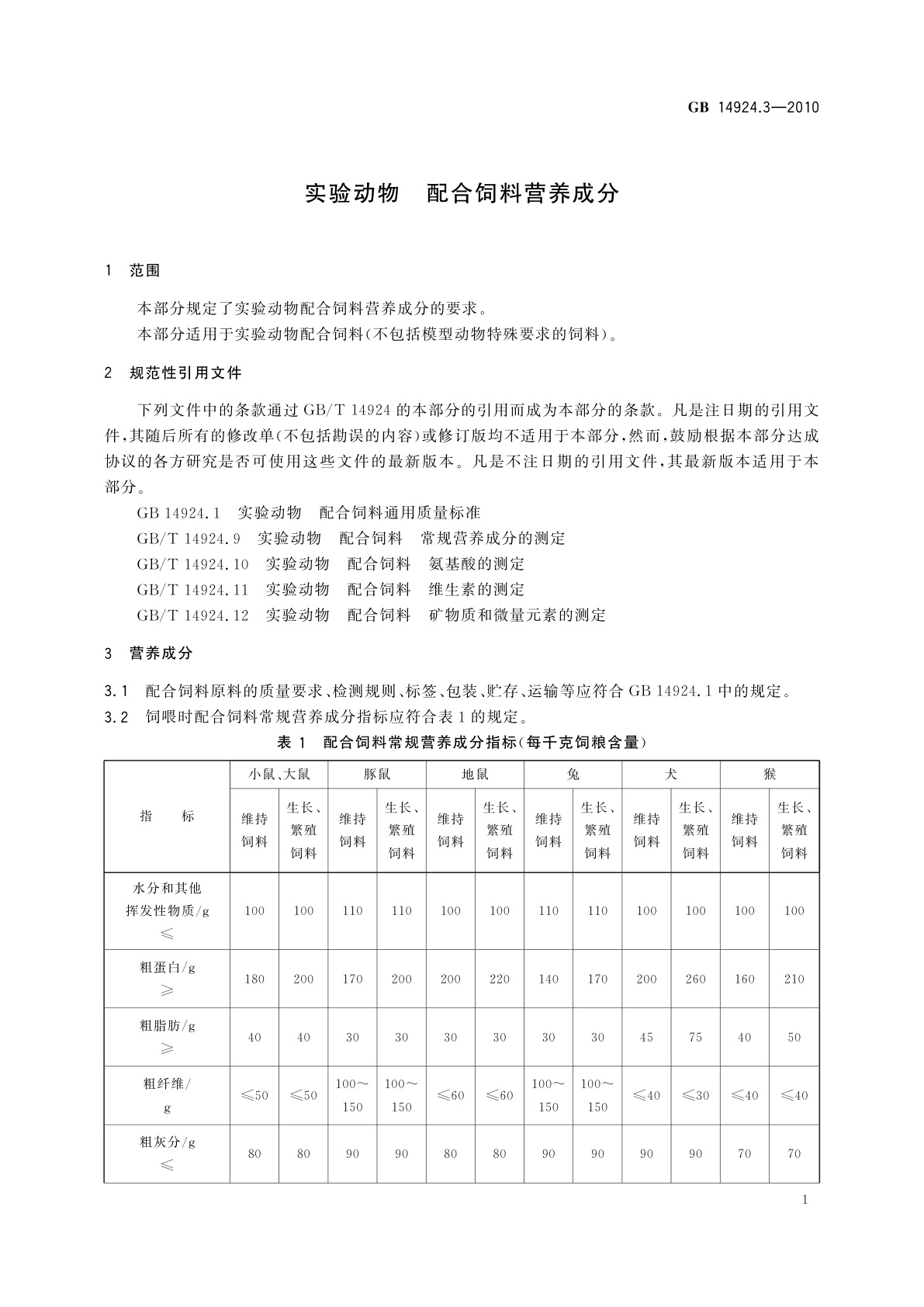 GB 14924.3-2010 实验动物　配合饲料营养成分