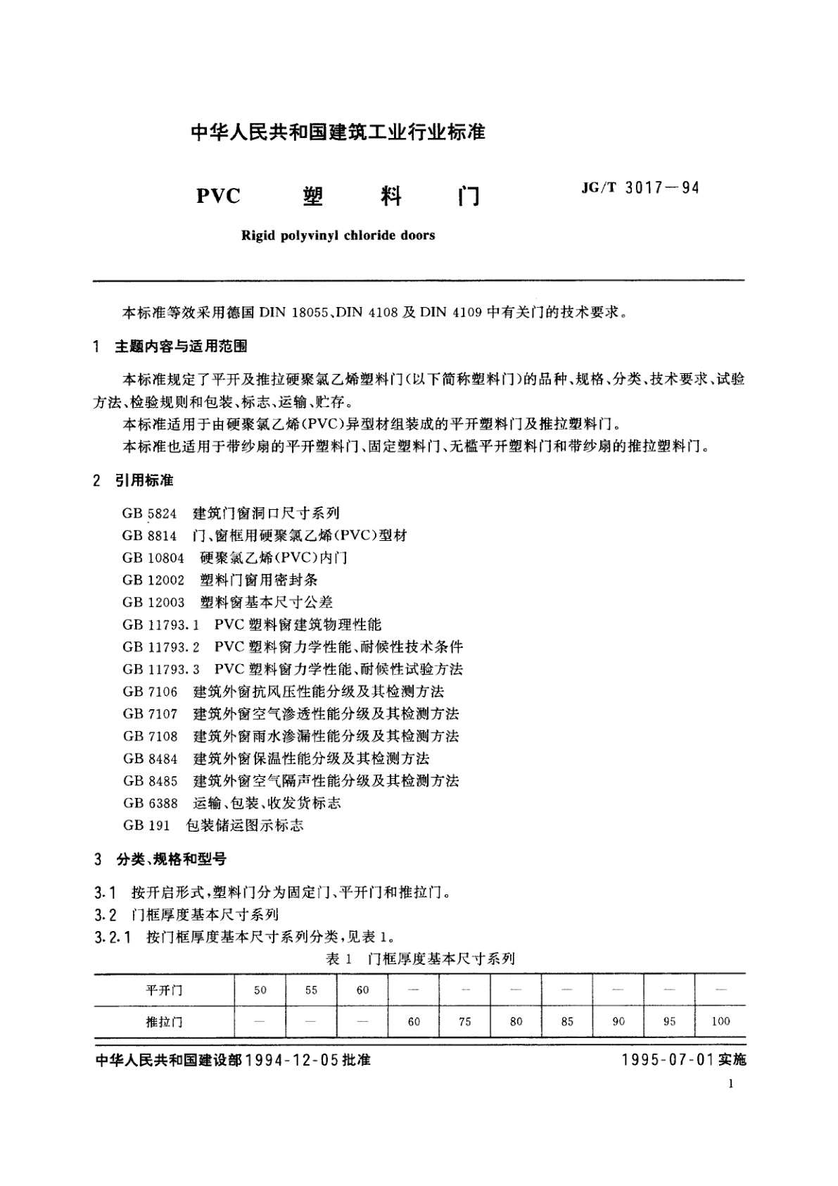 JG/T 3017-1994 PVC 塑料门