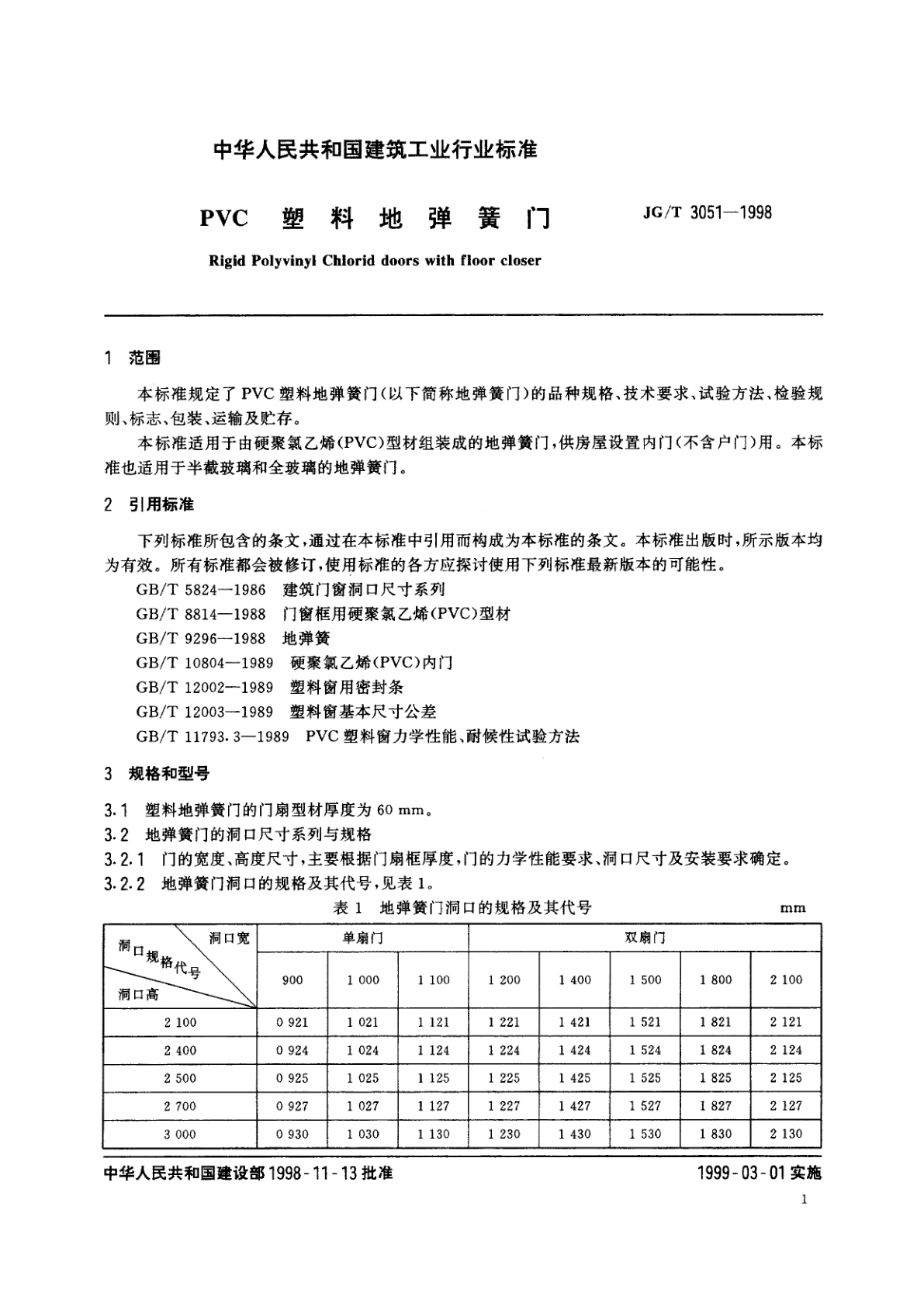 JG/T 3051-1998 PVC塑料地弹簧门