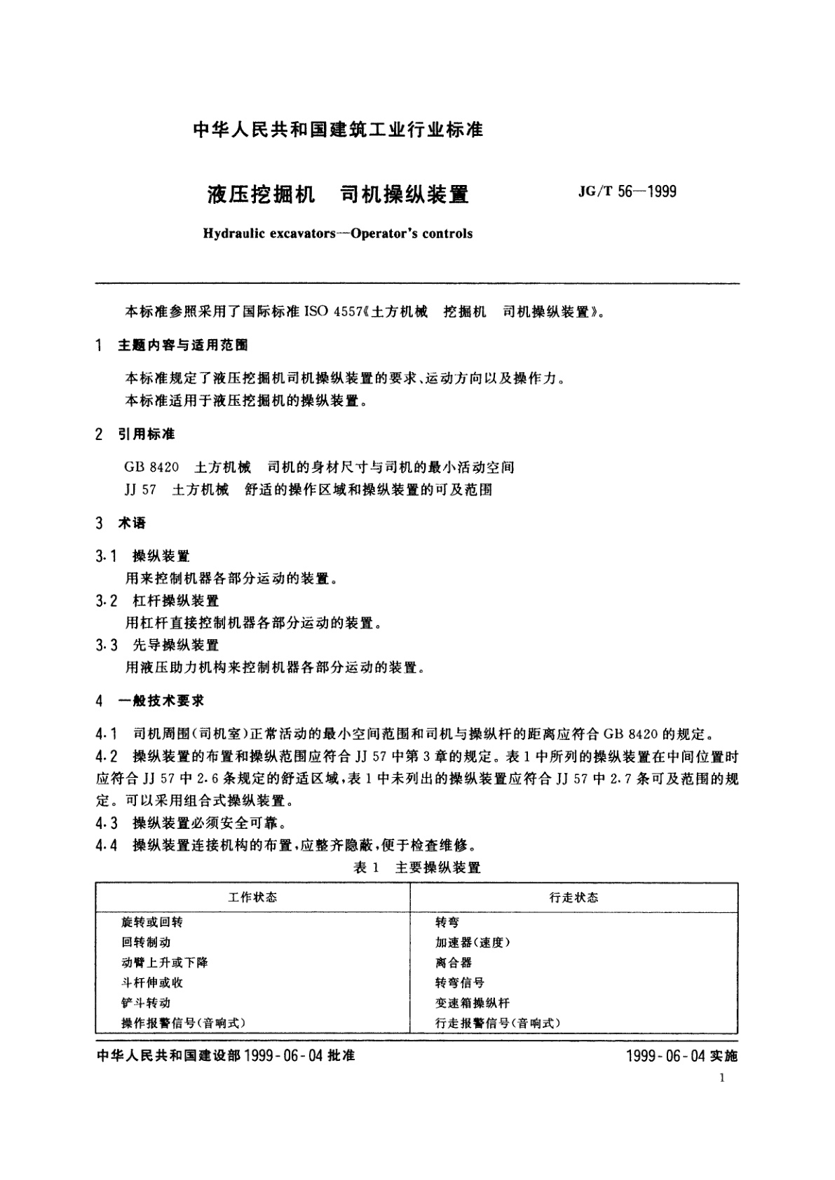 JG/T 56-1999 液压挖掘机　司机操纵装置