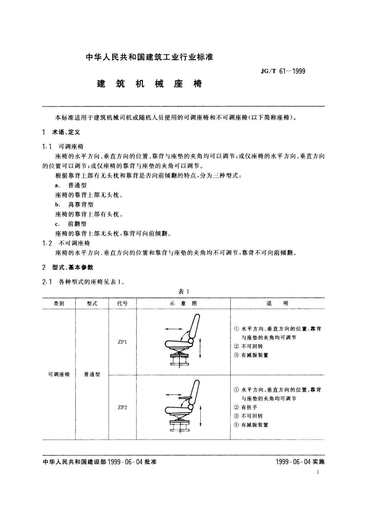 JG/T 61-1999 建筑机械座椅