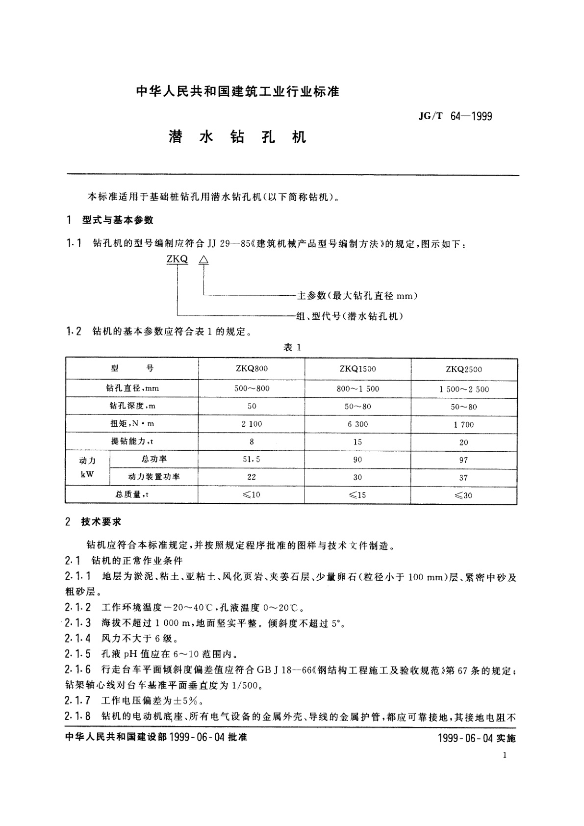 JG/T 64-1999 潜水钻孔机