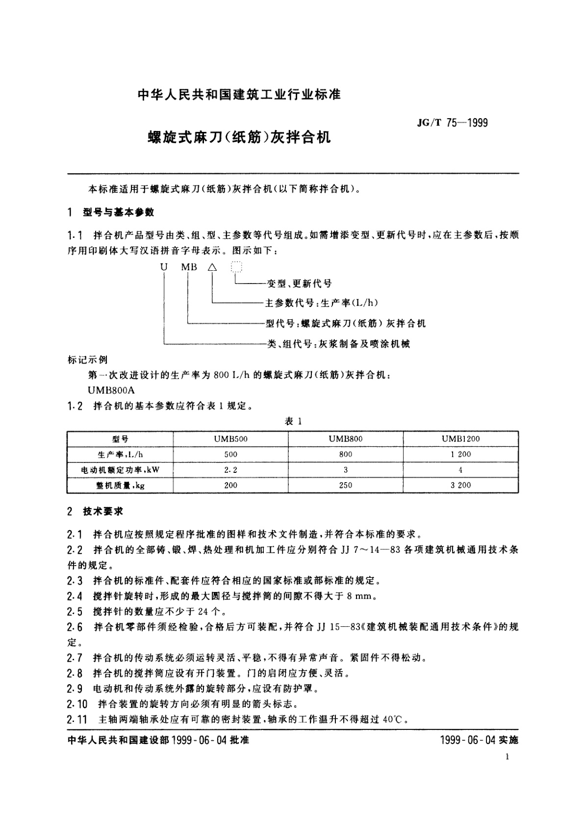 JG/T 75-1999 螺旋式麻刀(纸筋)灰拌合机