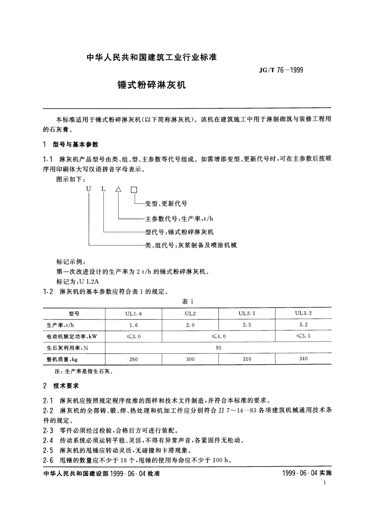JG/T 76-1999 锤式粉碎淋灰机