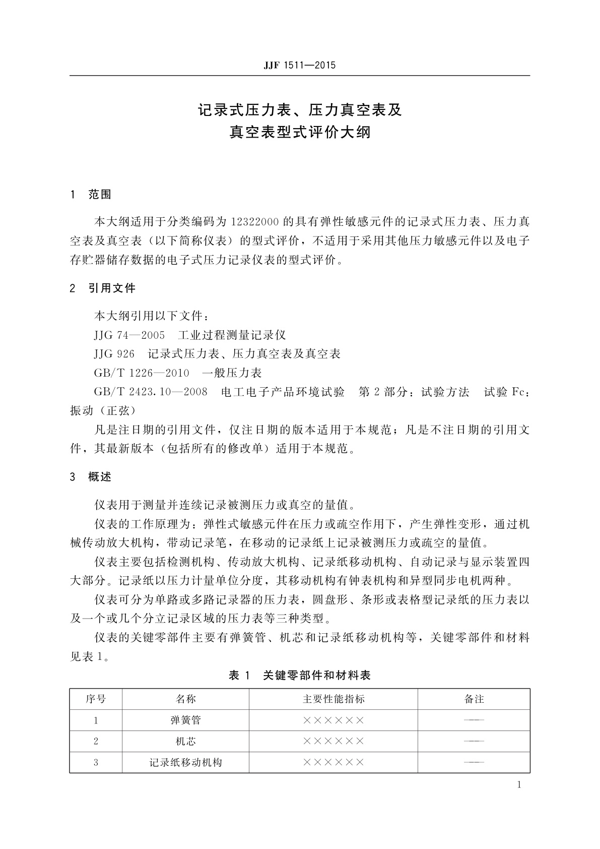 JJF 1511-2015 记录式压力表、压力真空表及真空表型式评价大纲