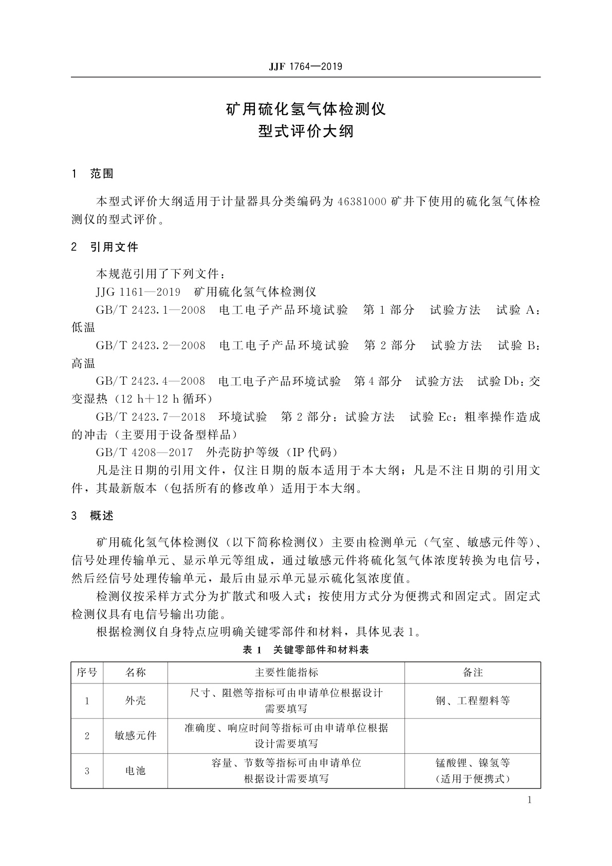 JJF 1764-2019 矿用硫化氢气体检测仪型式评价大纲