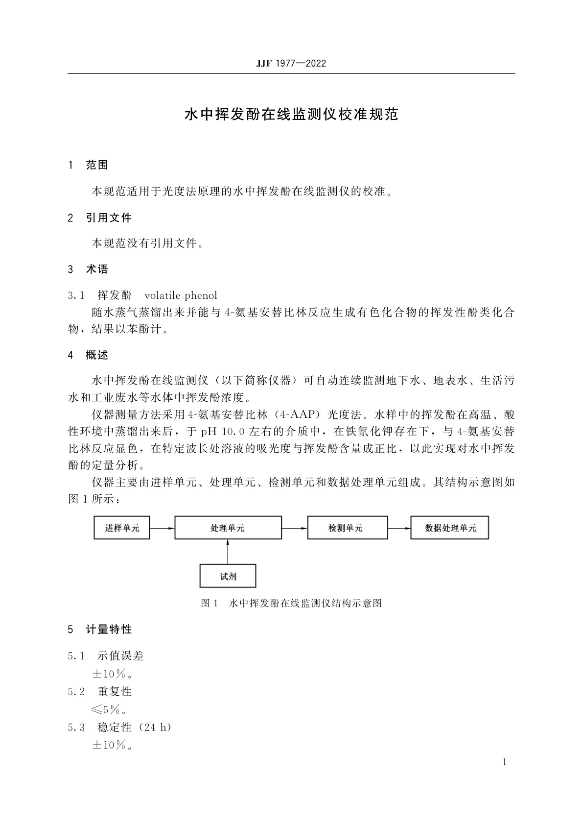 JJF 1977-2022 水中挥发酚在线监测仪校准规范