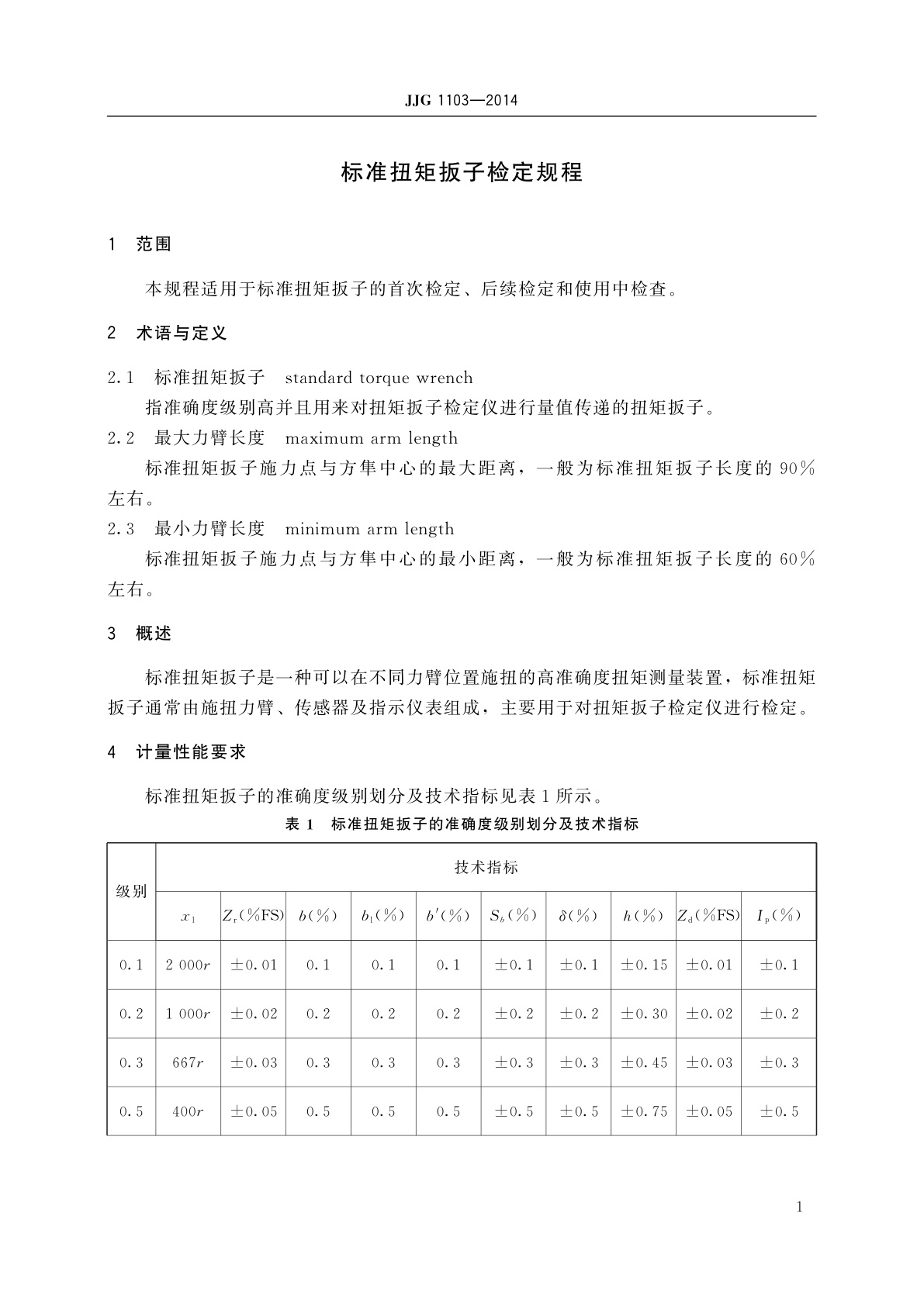 JJG 1103-2014 标准扭矩扳子