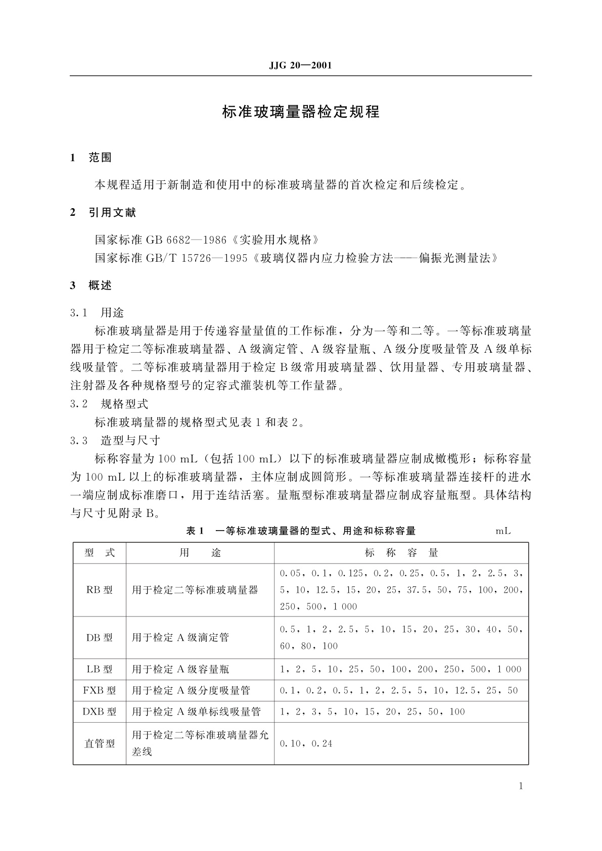 JJG 20-2001 标准玻璃量器