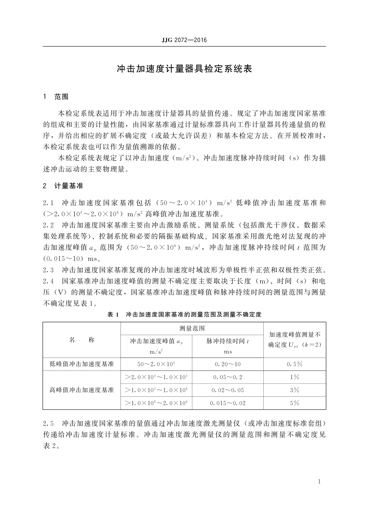 JJG 2072-2016 冲击加速度计量器具