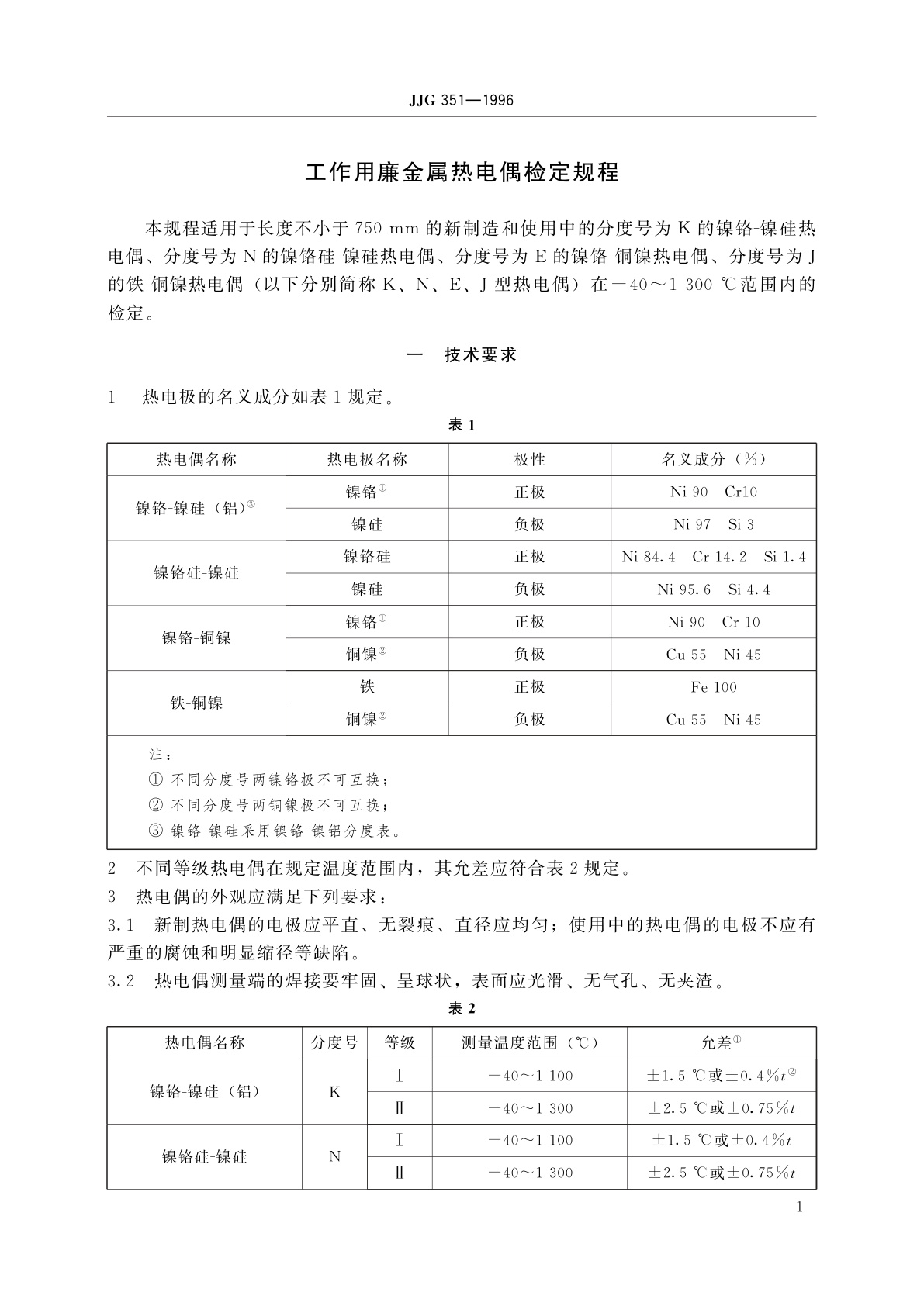 JJG 351-1996 工作用廉金属热电偶