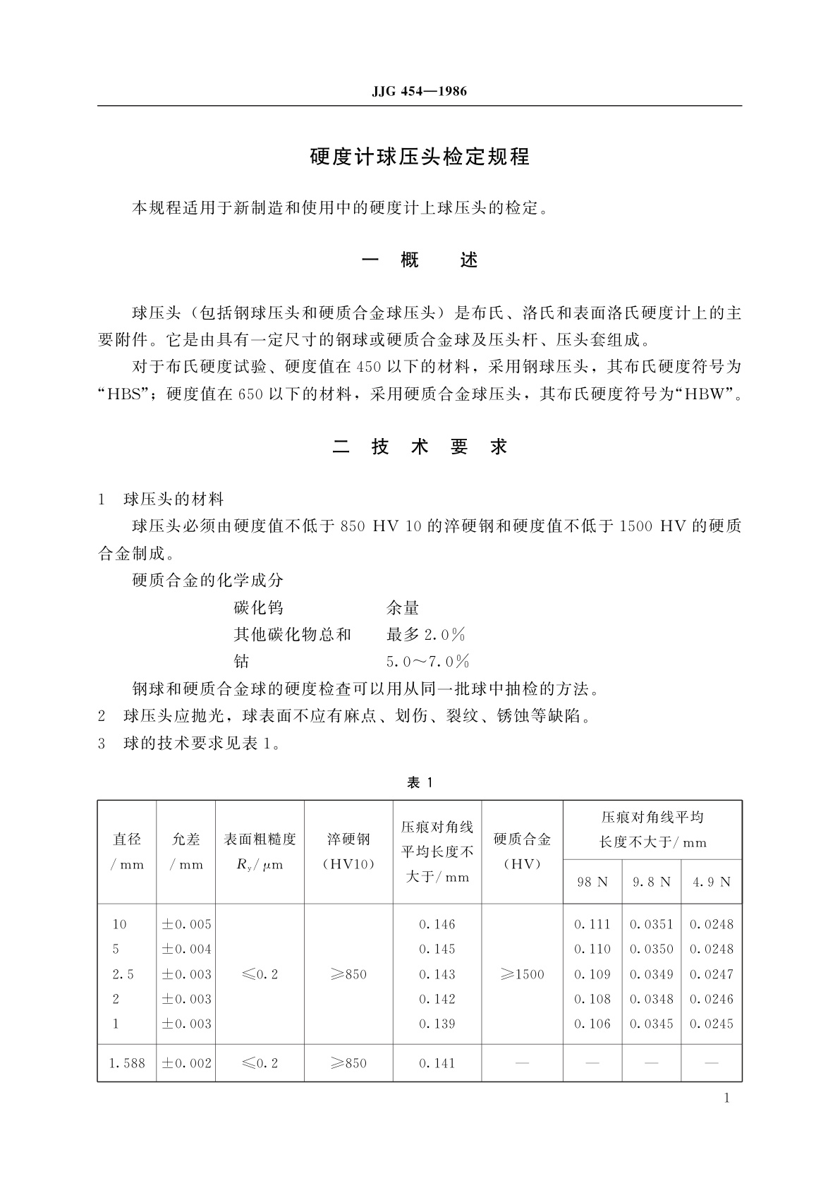 JJG 454-1986 硬度计球压头
