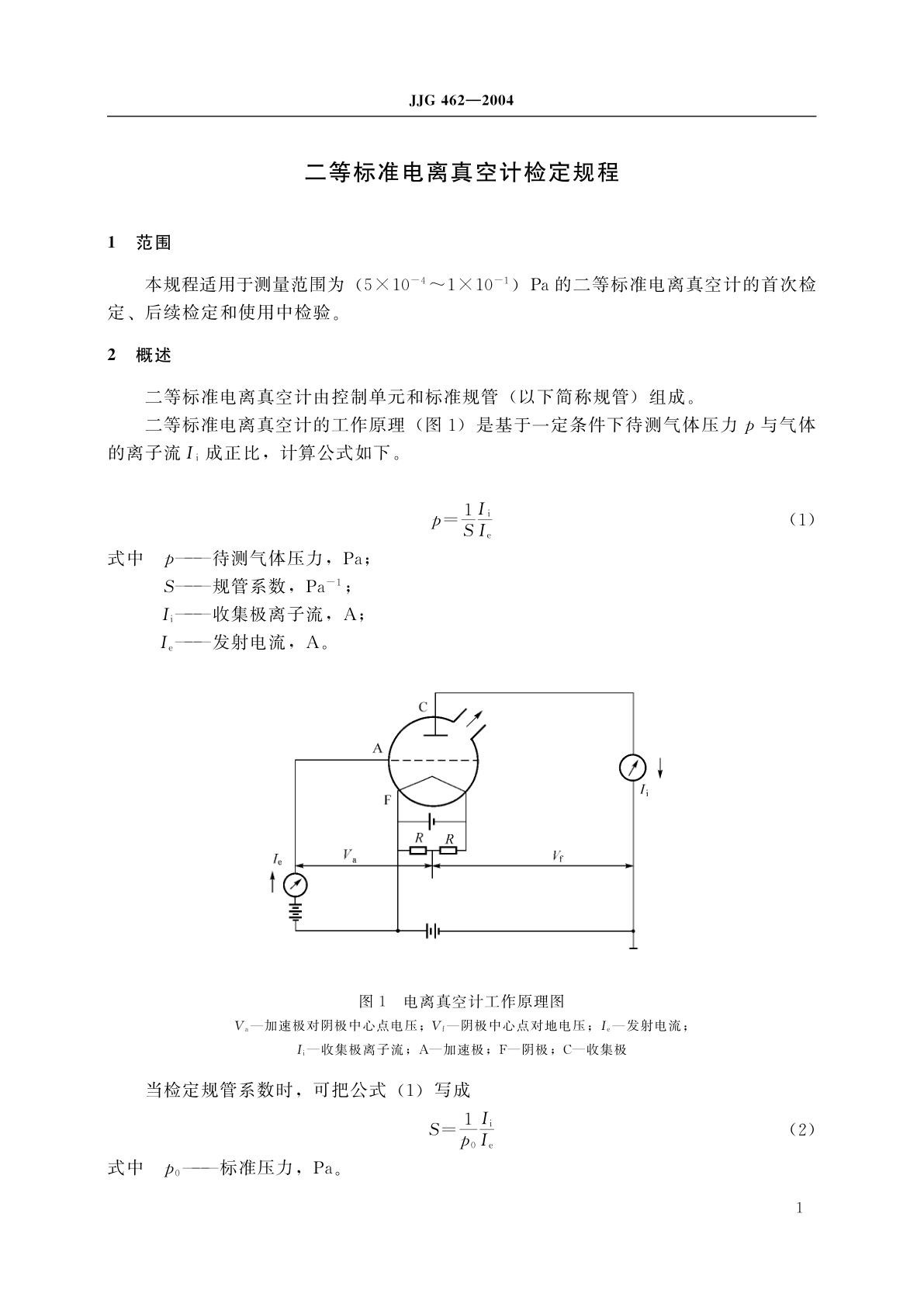 JJG 462-2004 二等标准电离真空计