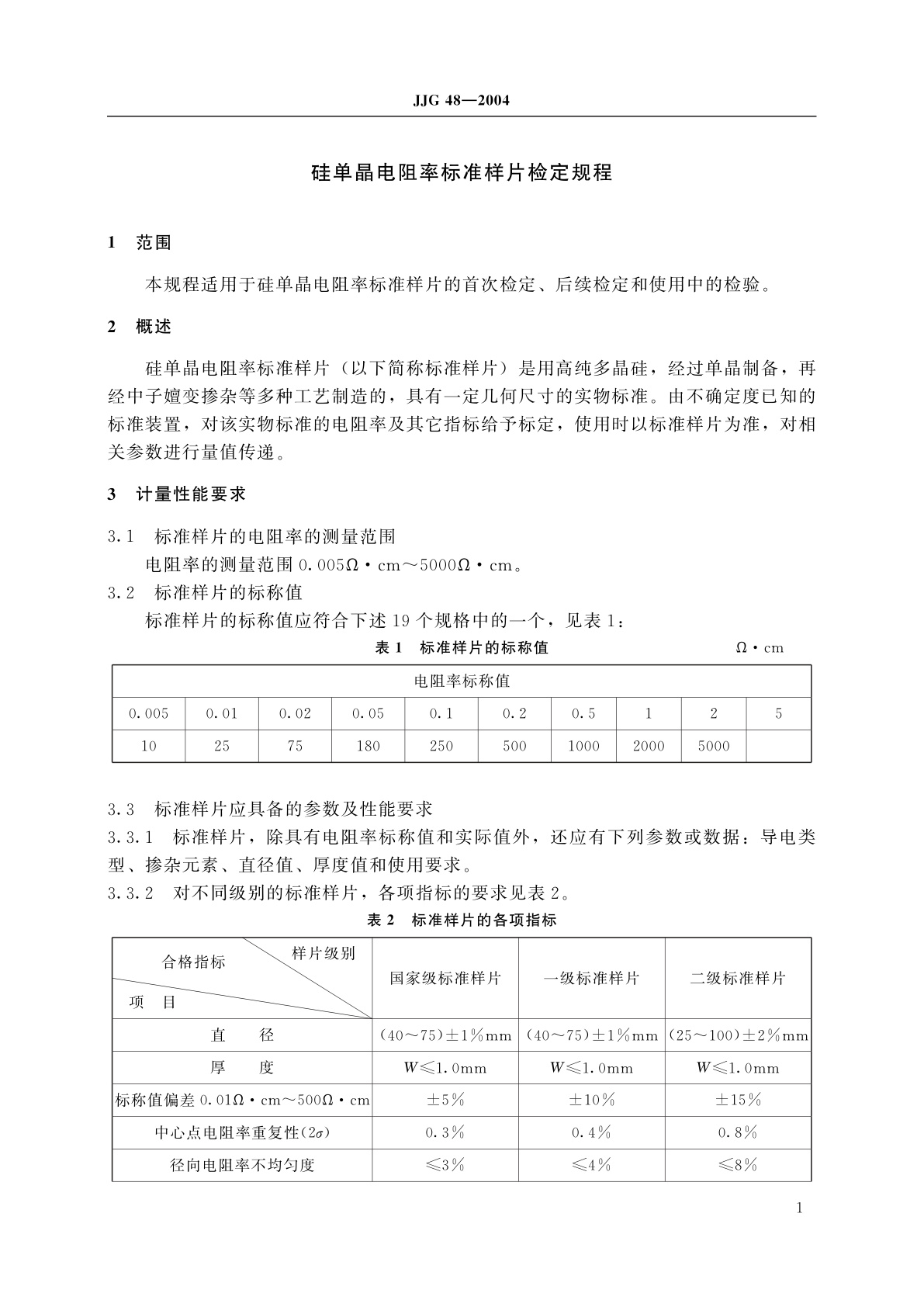 JJG 48-2004 硅单晶电阻率标准样片