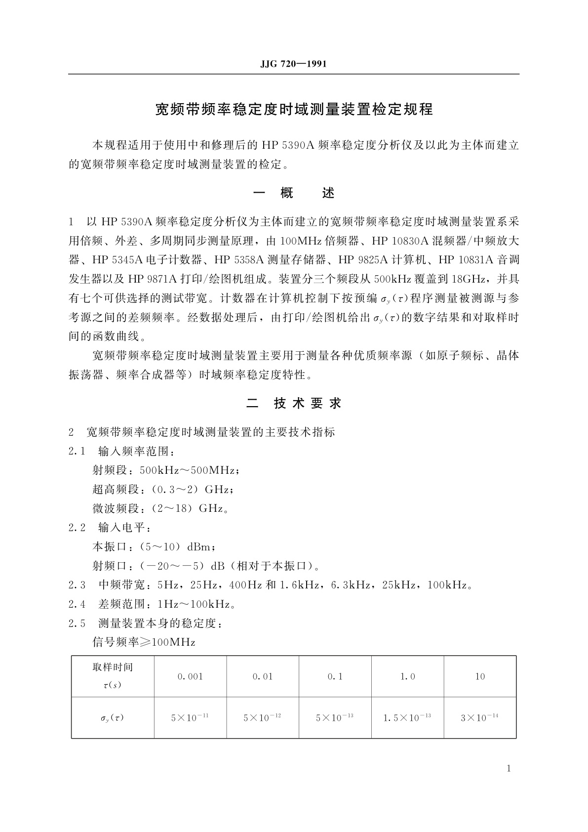 JJG 720-1991 宽频带频率稳定度时域测量装置