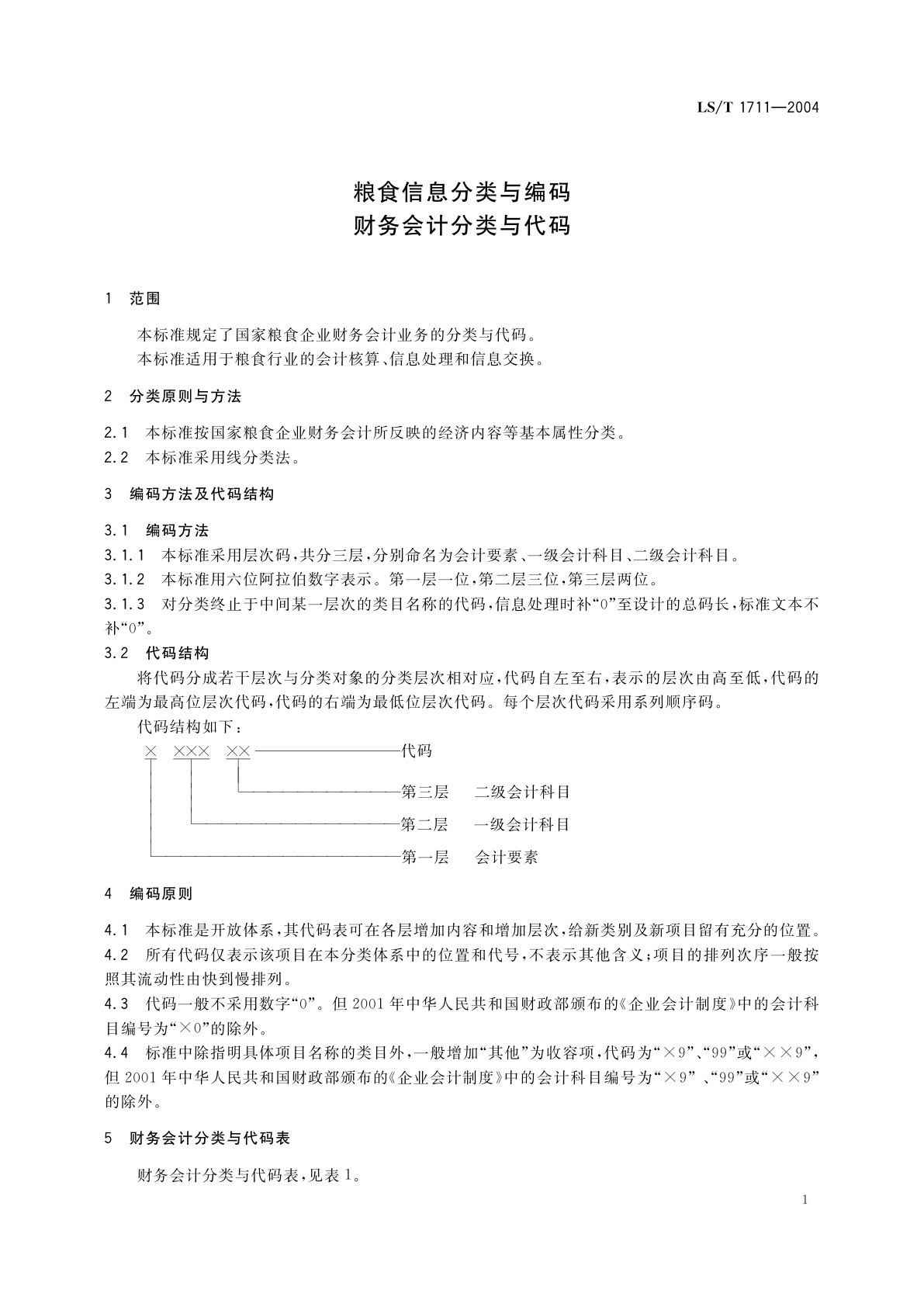 LS/T 1711-2004 粮食信息分类与编码　财务会计分类与代码