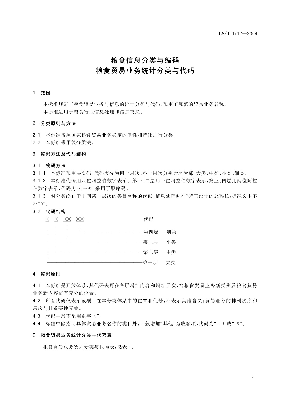 LS/T 1712-2004 粮食信息分类与编码　粮食贸易业务统计分类与代码