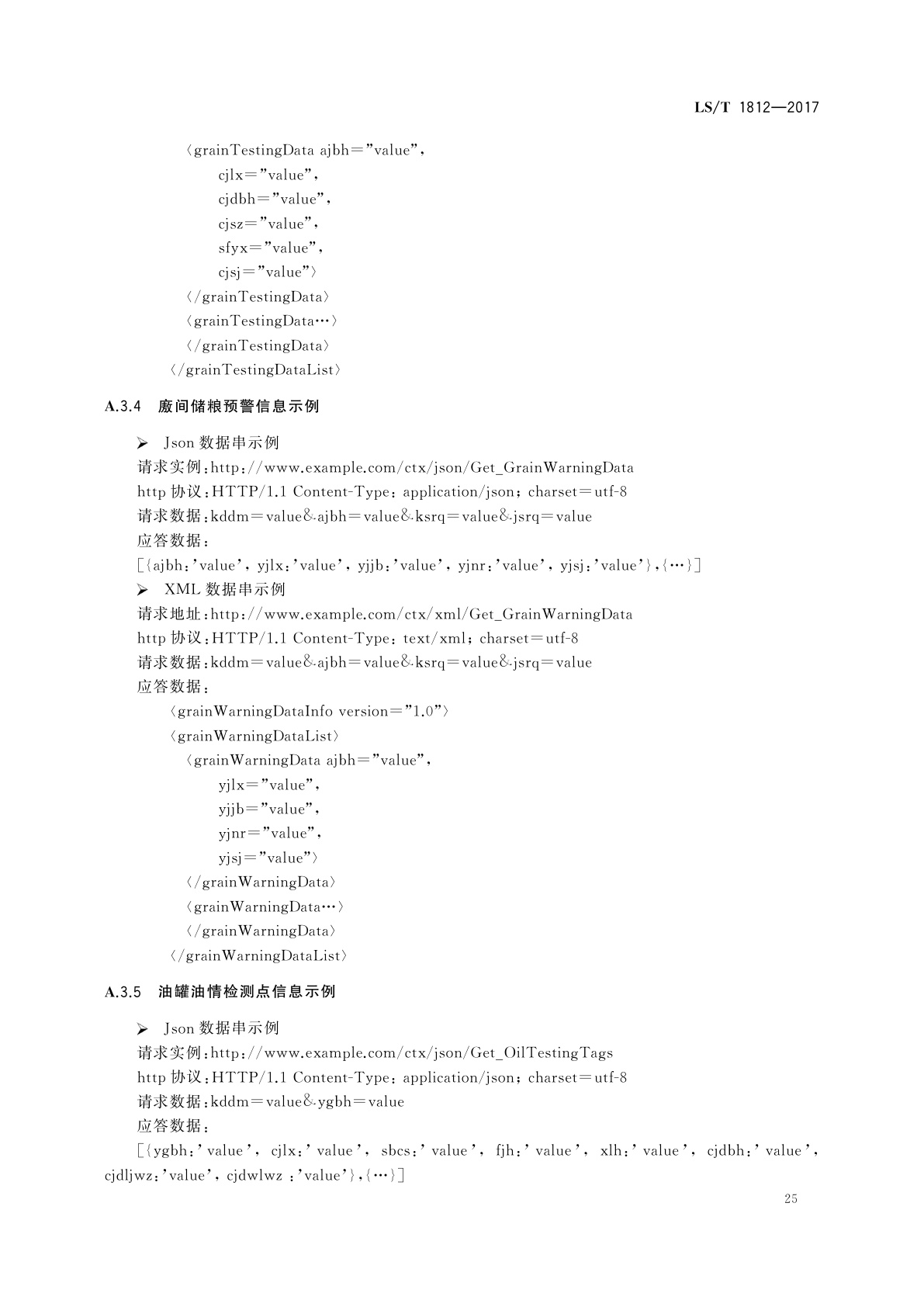 LS/T 1812-2017 粮油储藏　粮情测控信息交换接口协议技术要求