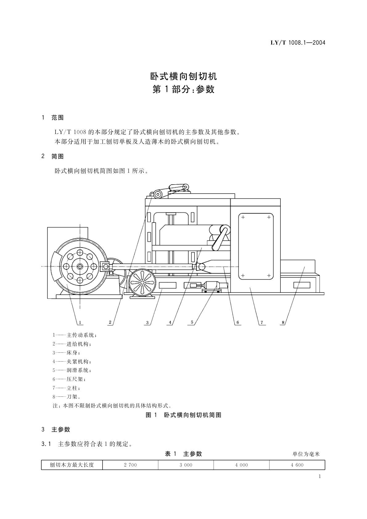 LY/T 1008.1-2004 卧式横向刨切机　第1部分:参数