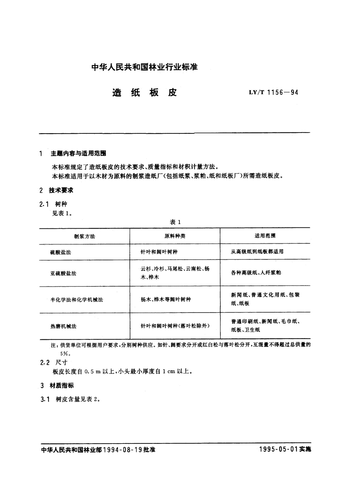 LY/T 1156-1994 造纸板皮
