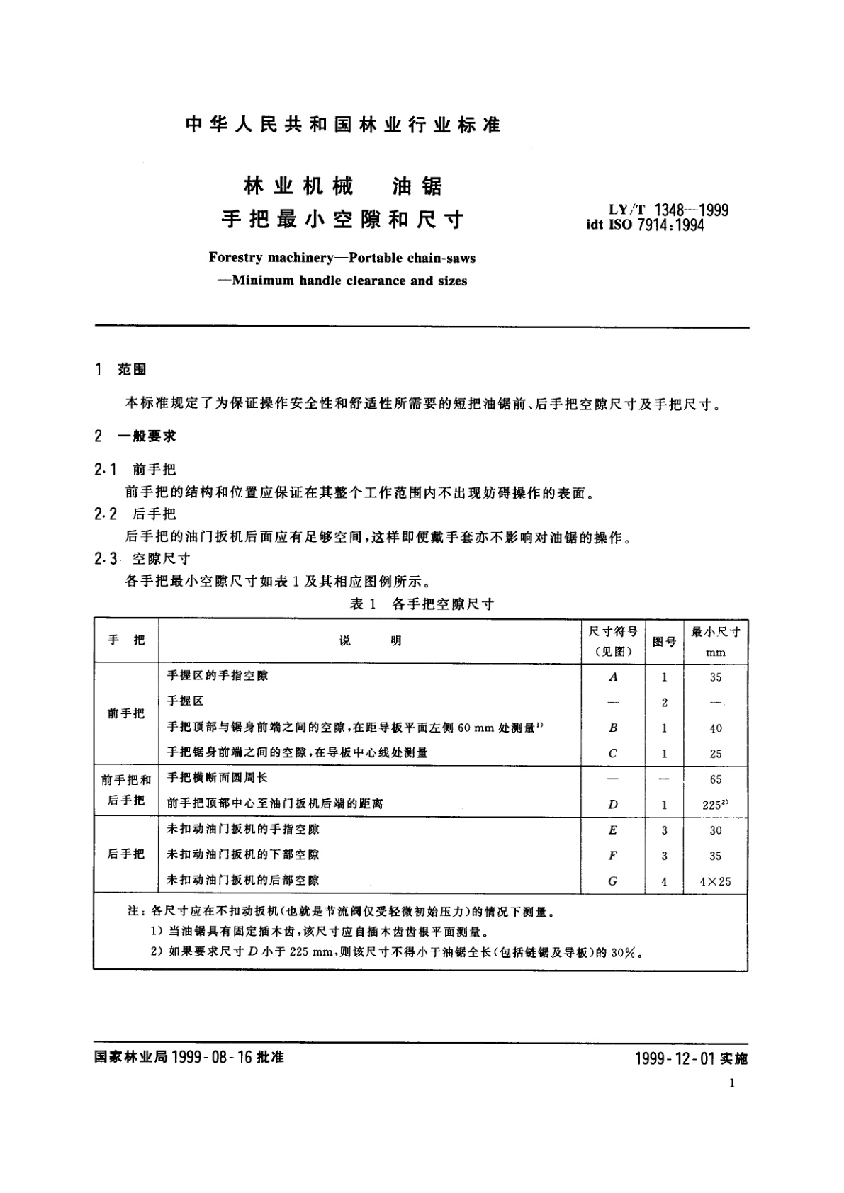 LY/T 1348-1999 林业机械　油锯　手把最小空隙和尺寸