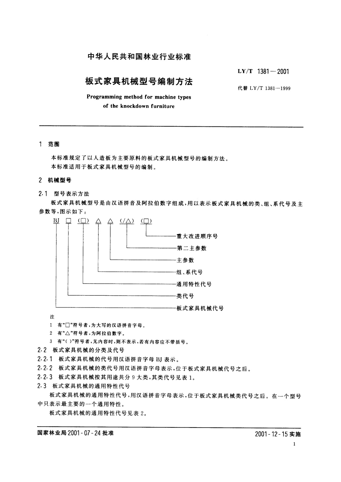 LY/T 1381-2001 板式家具机械型号编制方法