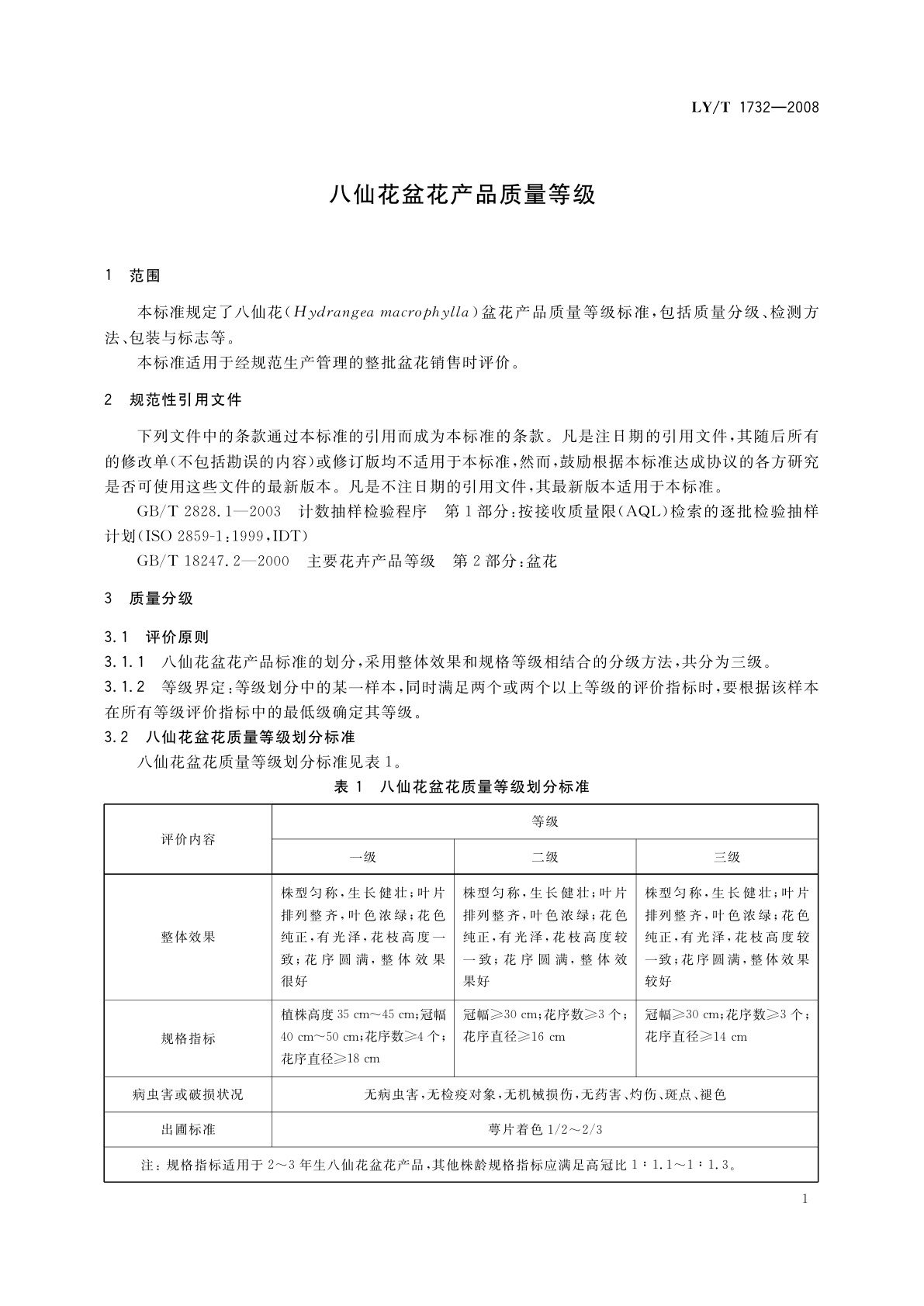 LY/T 1732-2008 八仙花盆花产品质量等级