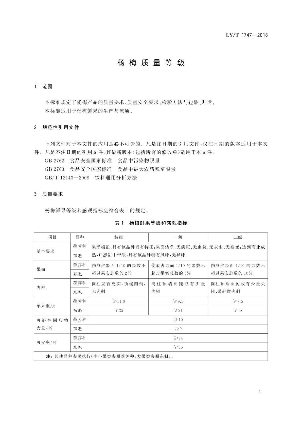 LY/T 1747-2018 杨梅质量等级